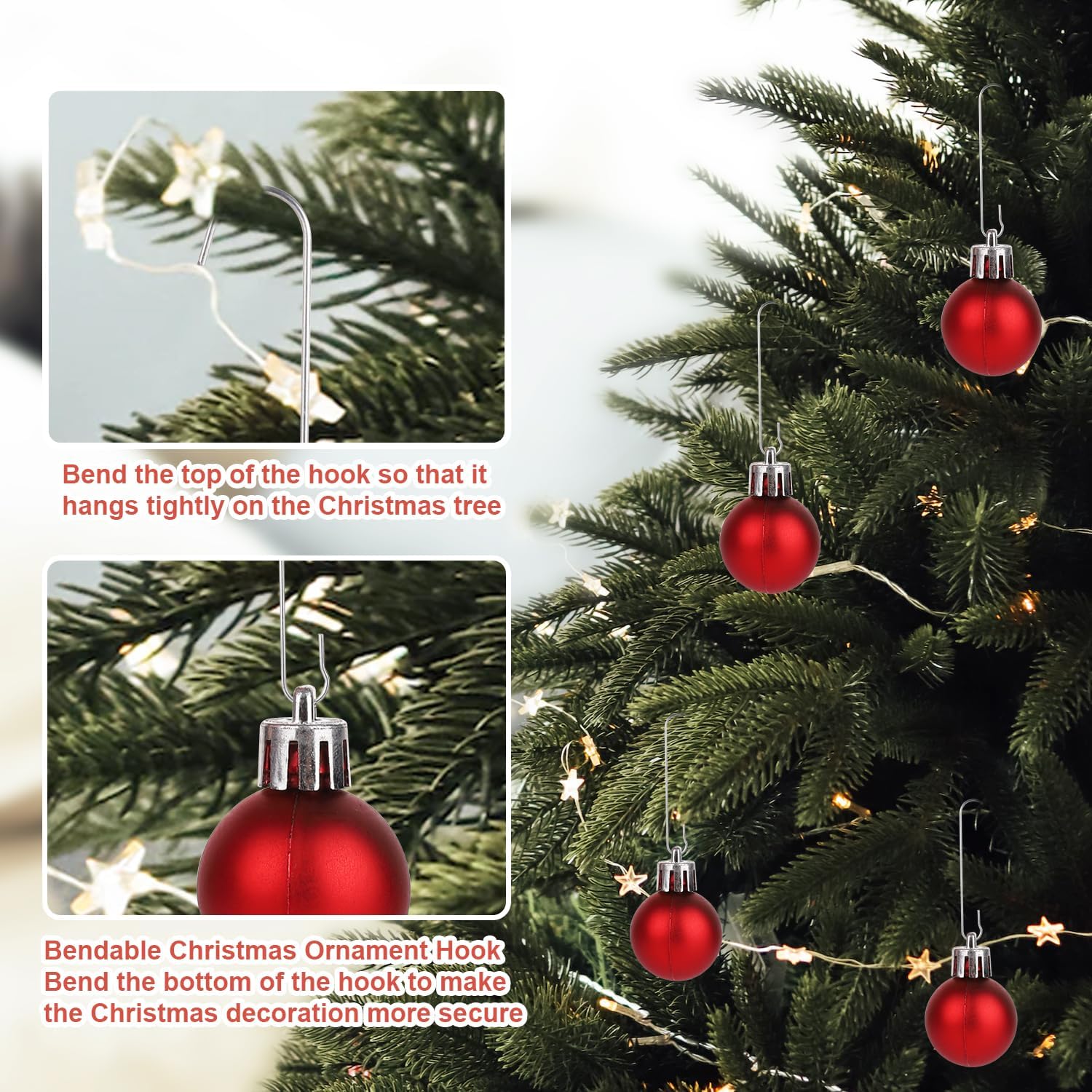 200 ganchos para adornos de Navidad, 2.4 x 0.5 pulgadas, ganchos para adornos de árbol de Navidad en forma de C con caja de almacenamiento, ganchos