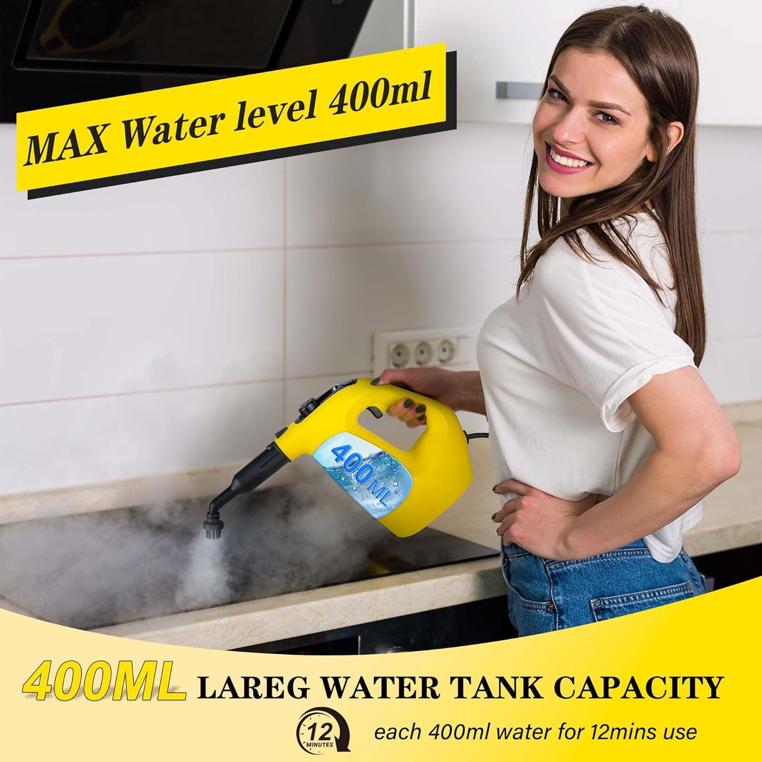 Limpiador de vapor de mano de 1400 W para uso doméstico, adición de agua durante el uso, limpiador de vapor presurizado de alto calor para limpiar