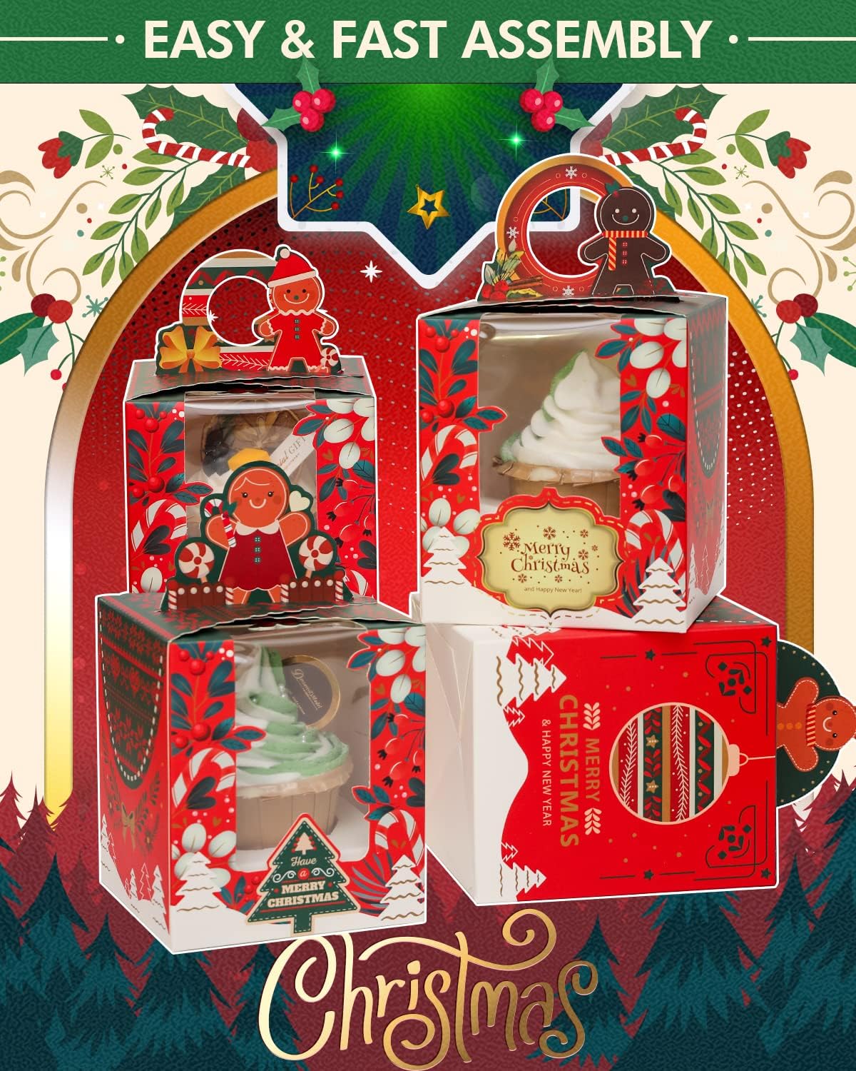 qiqee Cajas individuales de cupcakes de Navidad, 50 unidades, cajas de magdalenas individuales con ventana 3.7 “3.7” x 4.5 ” caja de magdalenas para
