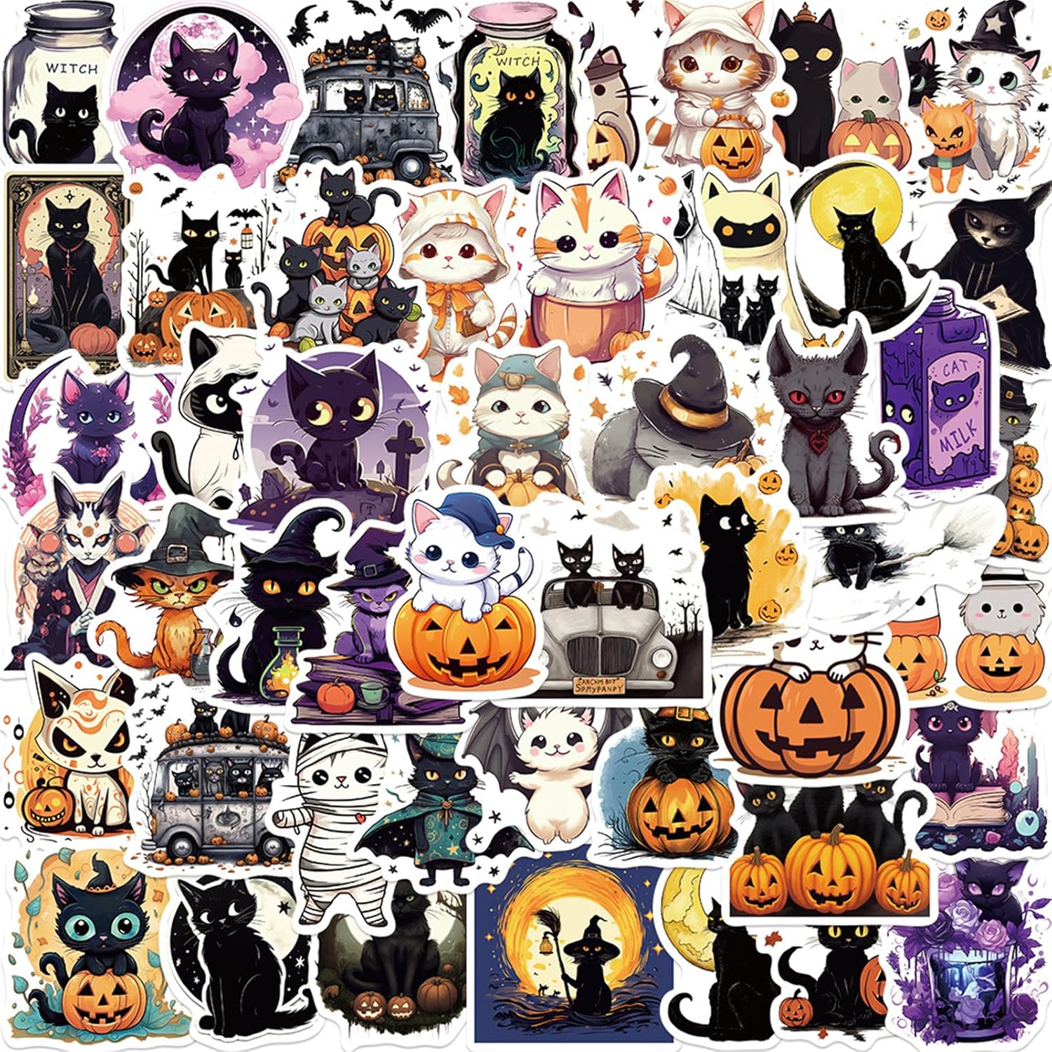 Calcomanías de gatos negros, 50 unidades Kawaii divertidas calcomanías de juguete de gatos de Halloween para libros, grafiti, calcomanías de vinilo