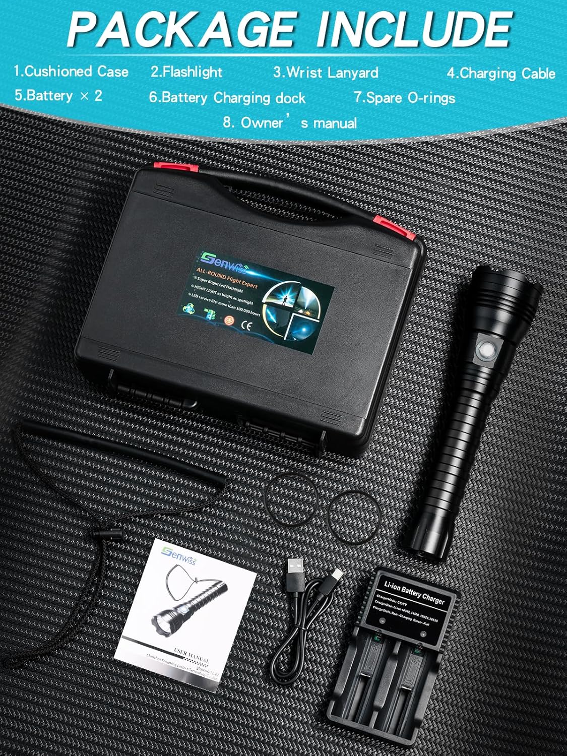 Genwiss Luces de buceo, linterna subacuática de 6000 lúmenes, más profunda 656.2 ft IPX68 impermeable, alta luz LED XHP70 recargable de lúmenes, 4