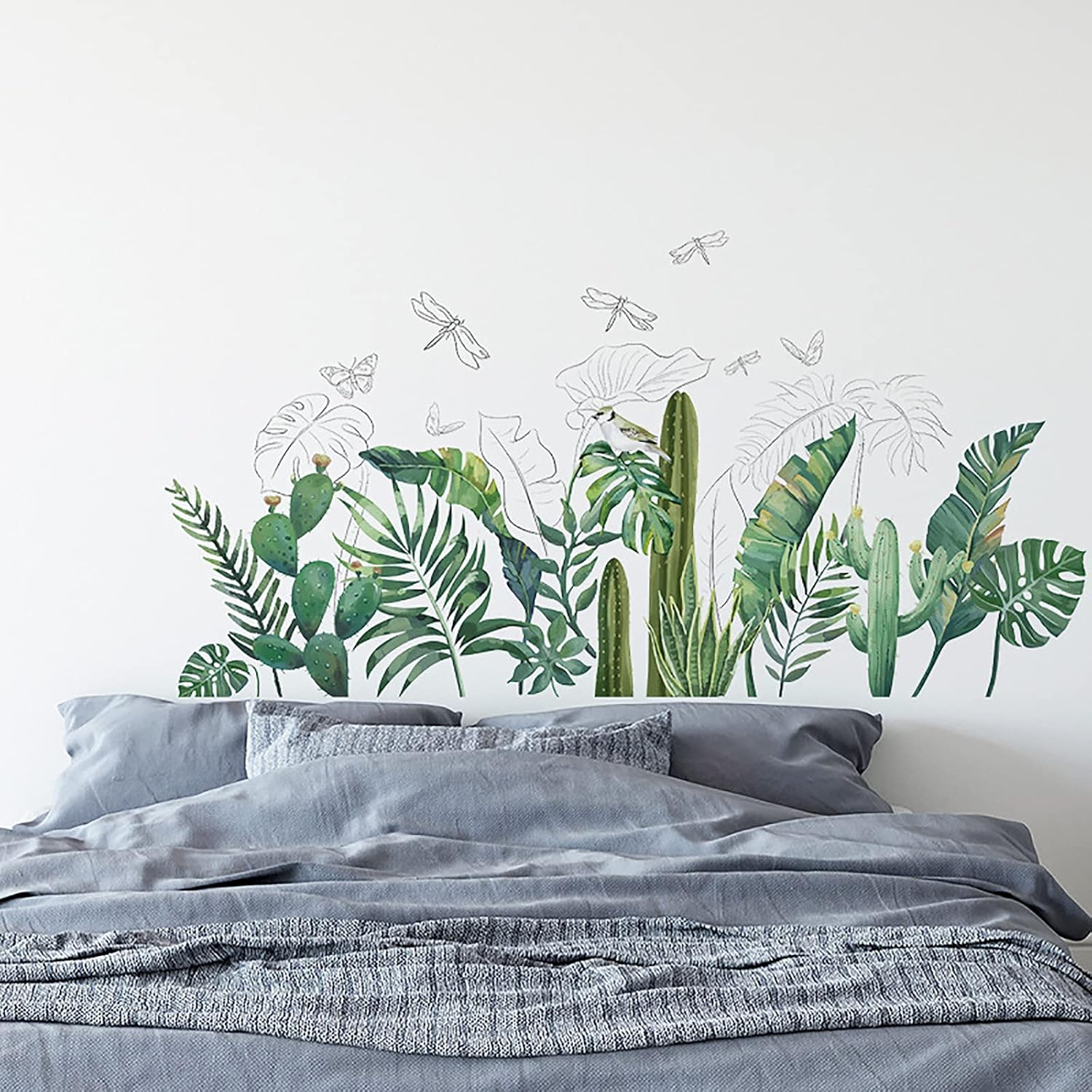 Calcomanías de pared de hojas tropicales, palmeras verdes extraíbles, plantas de árbol, cactus, calcomanías de pared para sala de estar, habitación