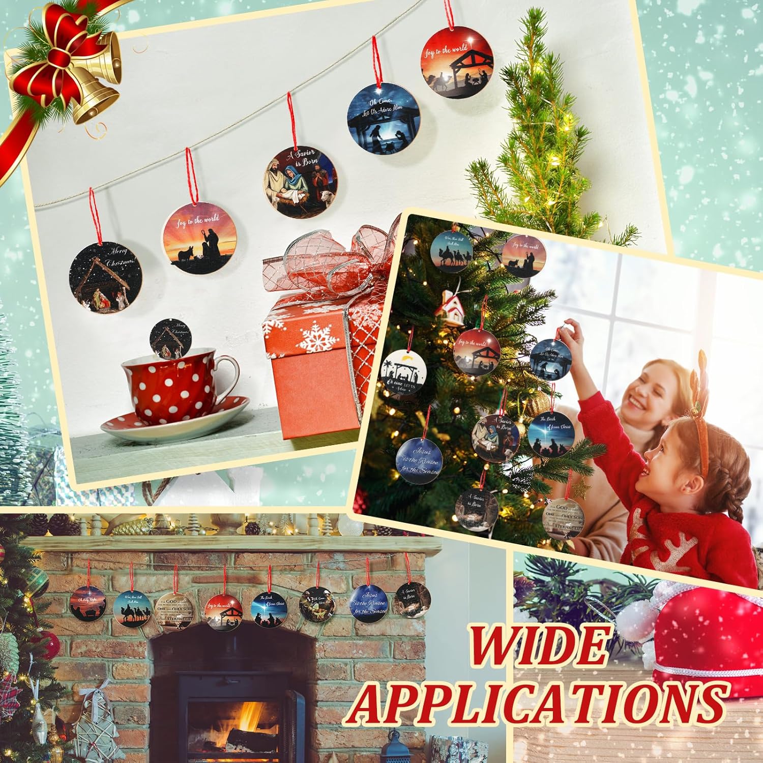 72 piezas de adorno navideño de madera de Jesús, decoración de Navidad cristiana, decoraciones de Navidad religiosas con cuerdas rojas para