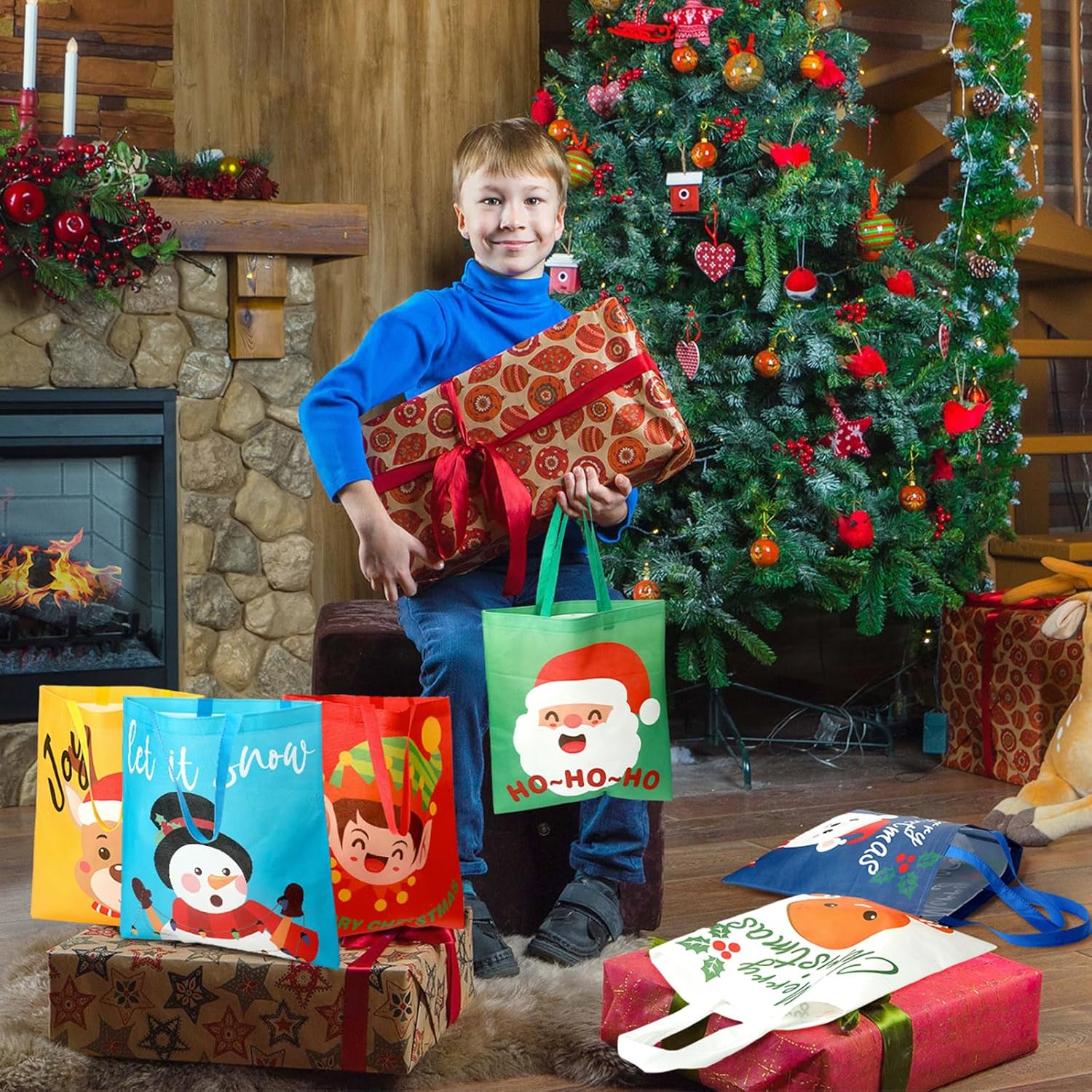 Clysee 48 bolsas grandes de Navidad a granel, bolsas de regalo de Navidad no tejidas con asas, bolsas de compras de comestibles de Navidad, bolsas