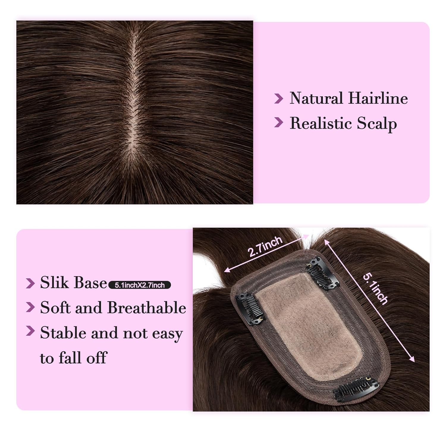 Toppers de cabello humano real para mujer, con cabello delgado, 100% cabello humano con flequillo, 2.7 x 5.1 pulgadas, 150% densidad, piezas de