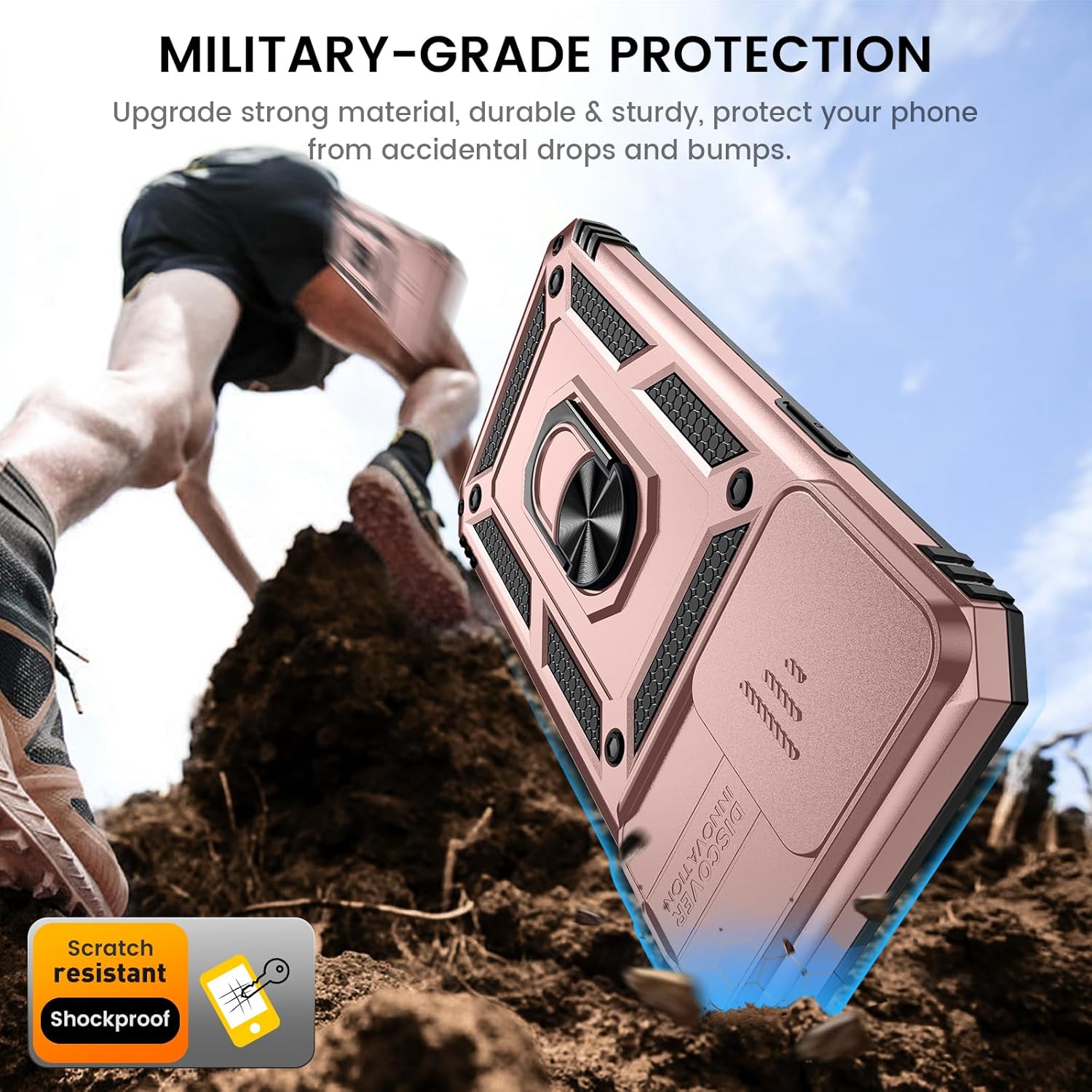 Goton Funda para iPhone 15 Pro Max con protector de pantalla – Funda protectora para cámara deslizante con soporte de anillo, resistente a los