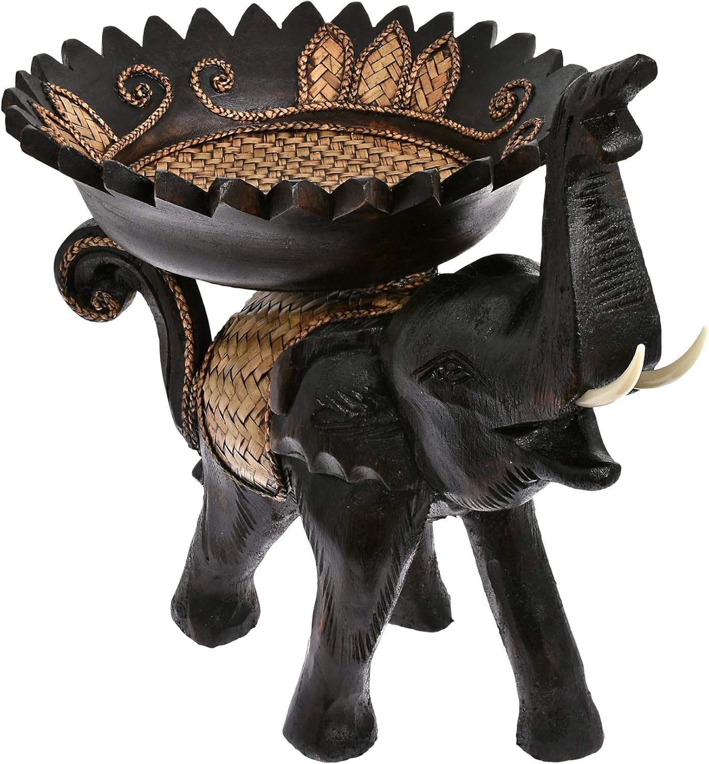 AeraVida Bandeja de madera tallada de elefante alegre con hojas  Bandeja decorativa de madera para servir  Bandeja de madera de animal elefante