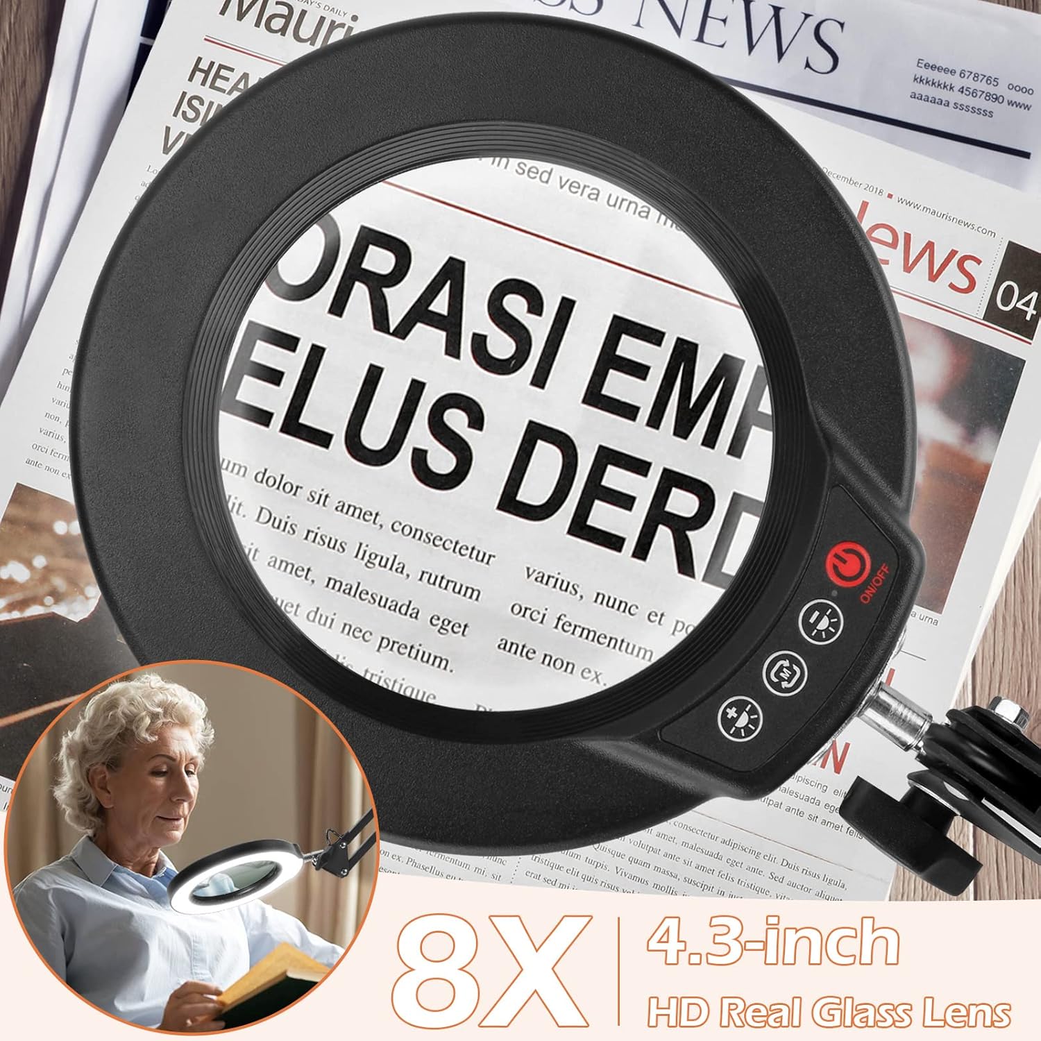 Krstlv – Lupa 8X con luz y soporte, LED 4 en 1, 5 modos de color, lámpara de pie regulable sin escalones, lámpara de pie con brazo oscilante