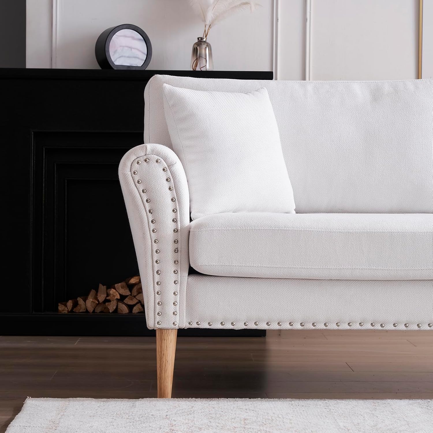 VINGLI Sofá moderno de asiento profundo de 83.5 pulgadas, cómodo sofá biplaza con ribete de clavos y patas de madera maciza, para sala de estar,