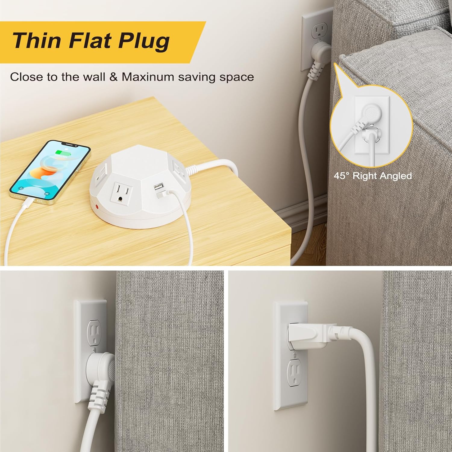 Torre de regleta con puertos USB C PD de 20 W, protector de sobretensiones con 4 tomas de corriente y 4 puertos USB, cable de extensión de 6.56