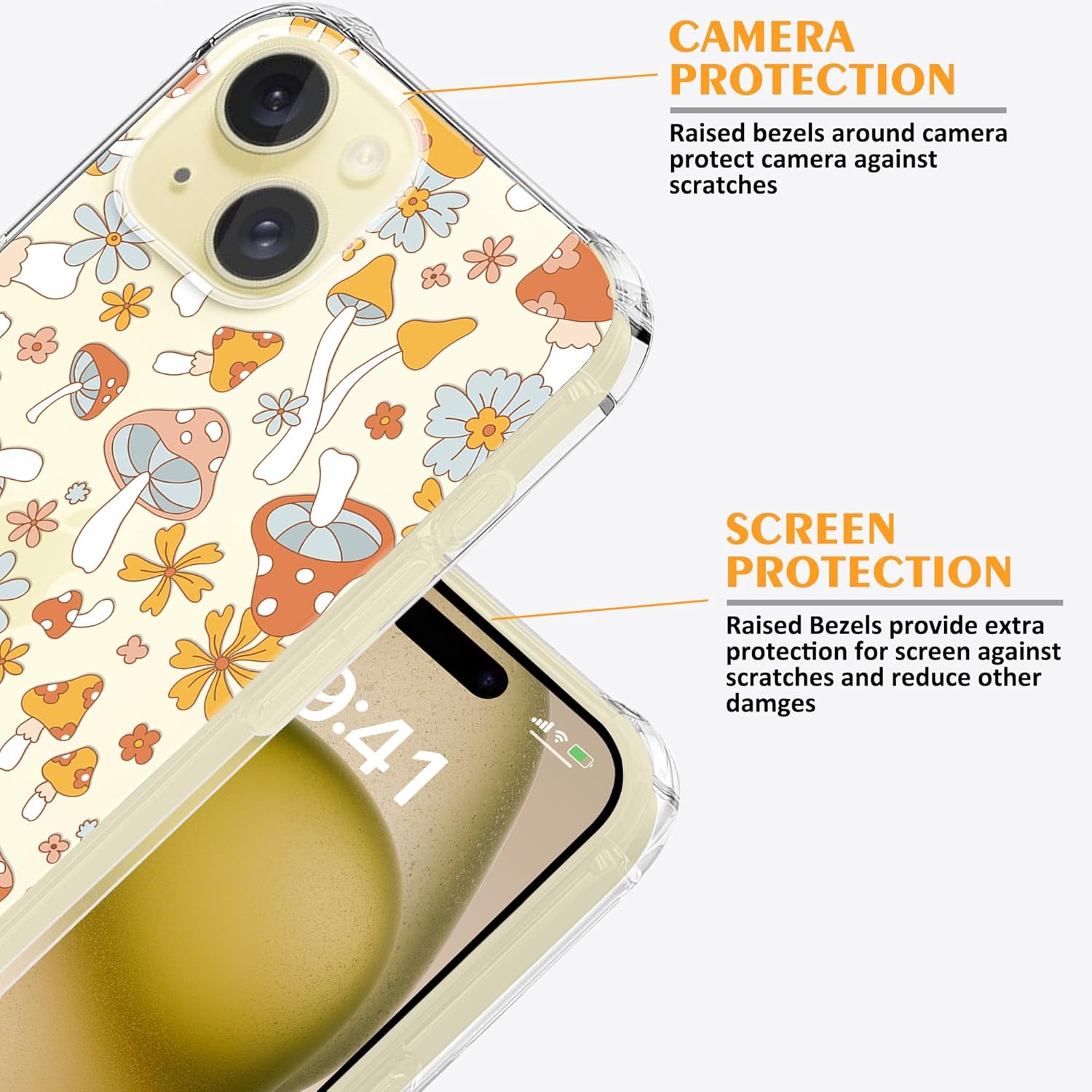 Funda transparente con diseño floral de hongos hippie retro diseñada para iPhone 15, diseño bohemio de hongos y flores, a la moda para niñas y