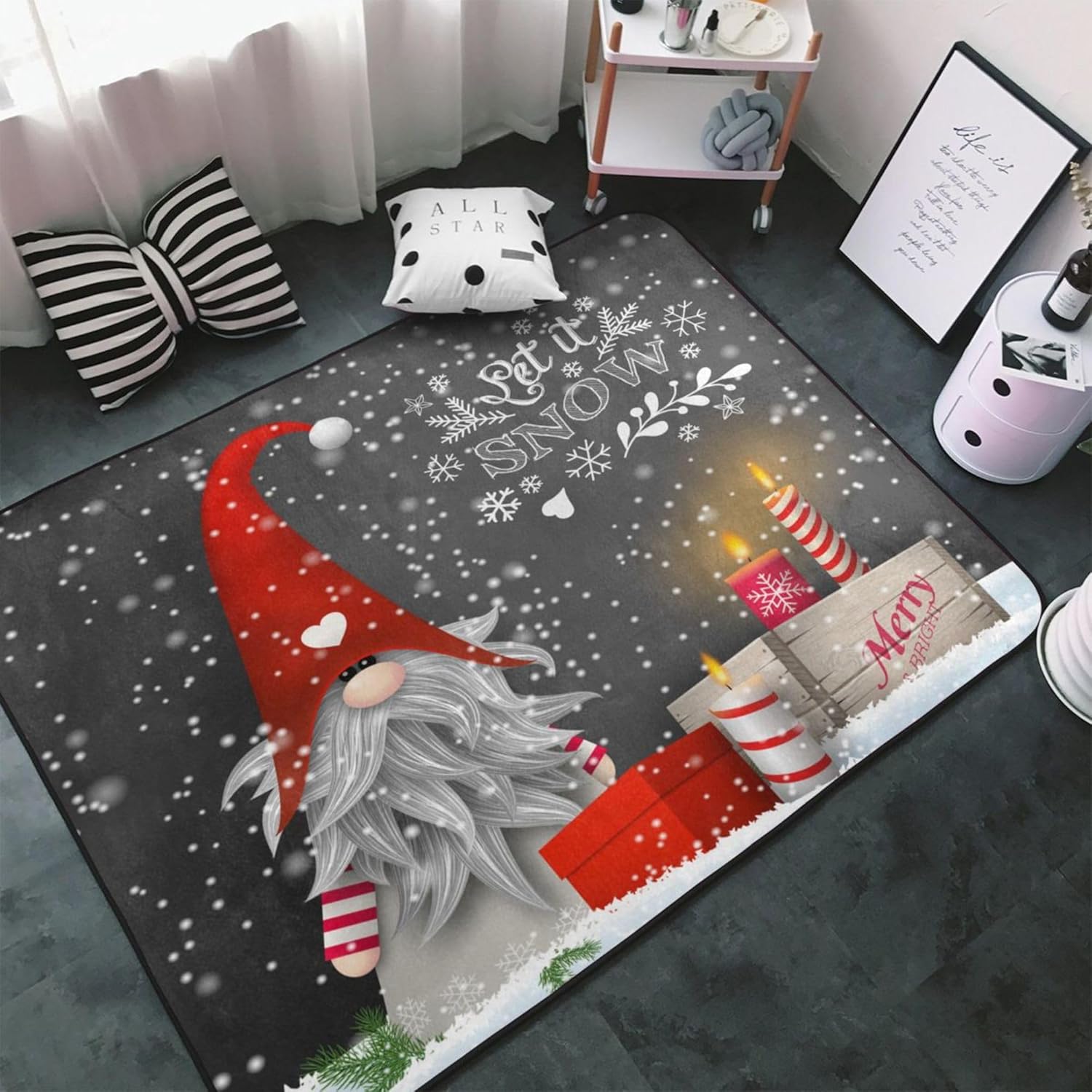 Alfombra de gnomo de Navidad con copos de nieve de 3 x 5 pies, decoración de velas de Navidad, sala de estar, dormitorio, alfombra antideslizante de