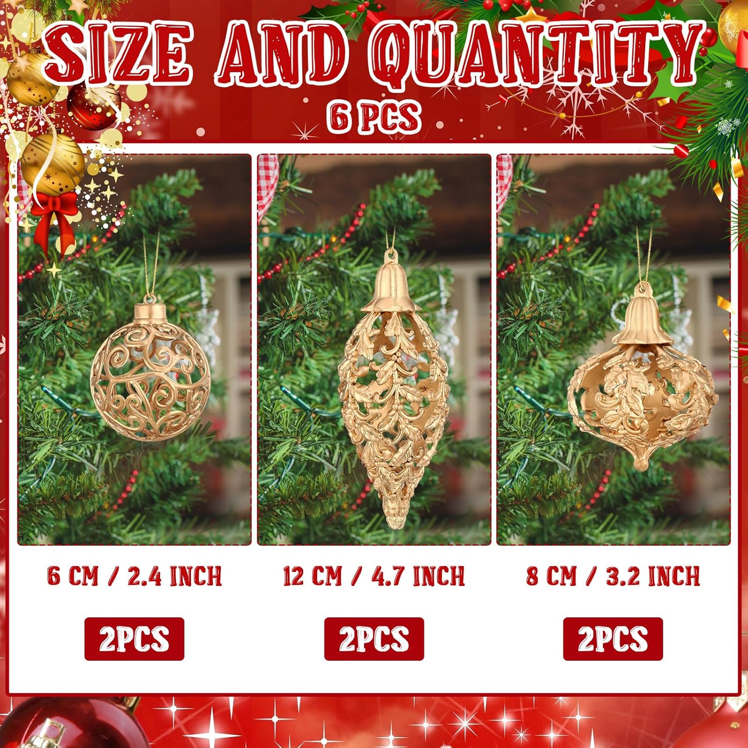 Shappy 6 adornos de bola de Navidad dorados de Navidad de 235 pulgadas, colgante de diamante, adorno de árbol de Navidad, decoraciones de Navidad