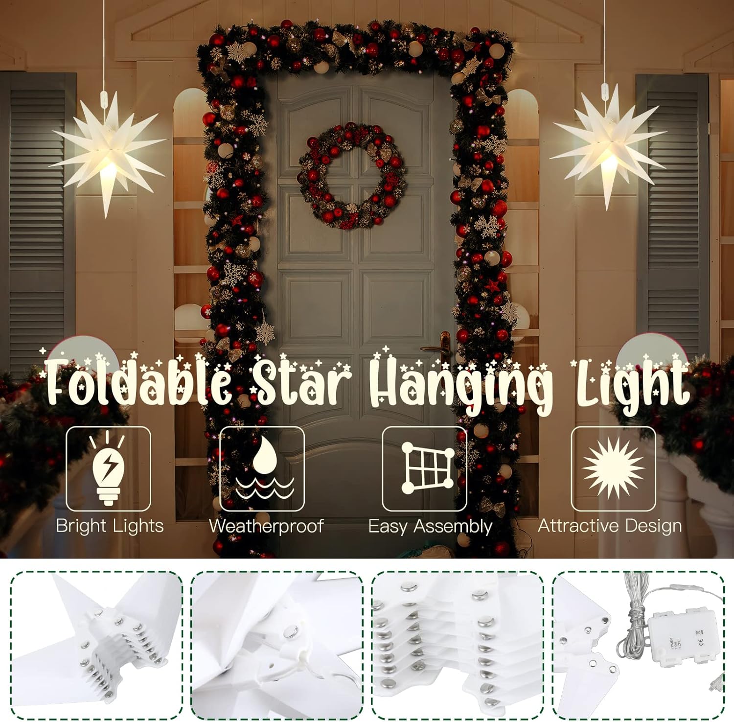 8 luces de estrella moravia 3D LED colgantes de estrella alimentadas por batería con función de temporizador, luz blanca para porche, decoración