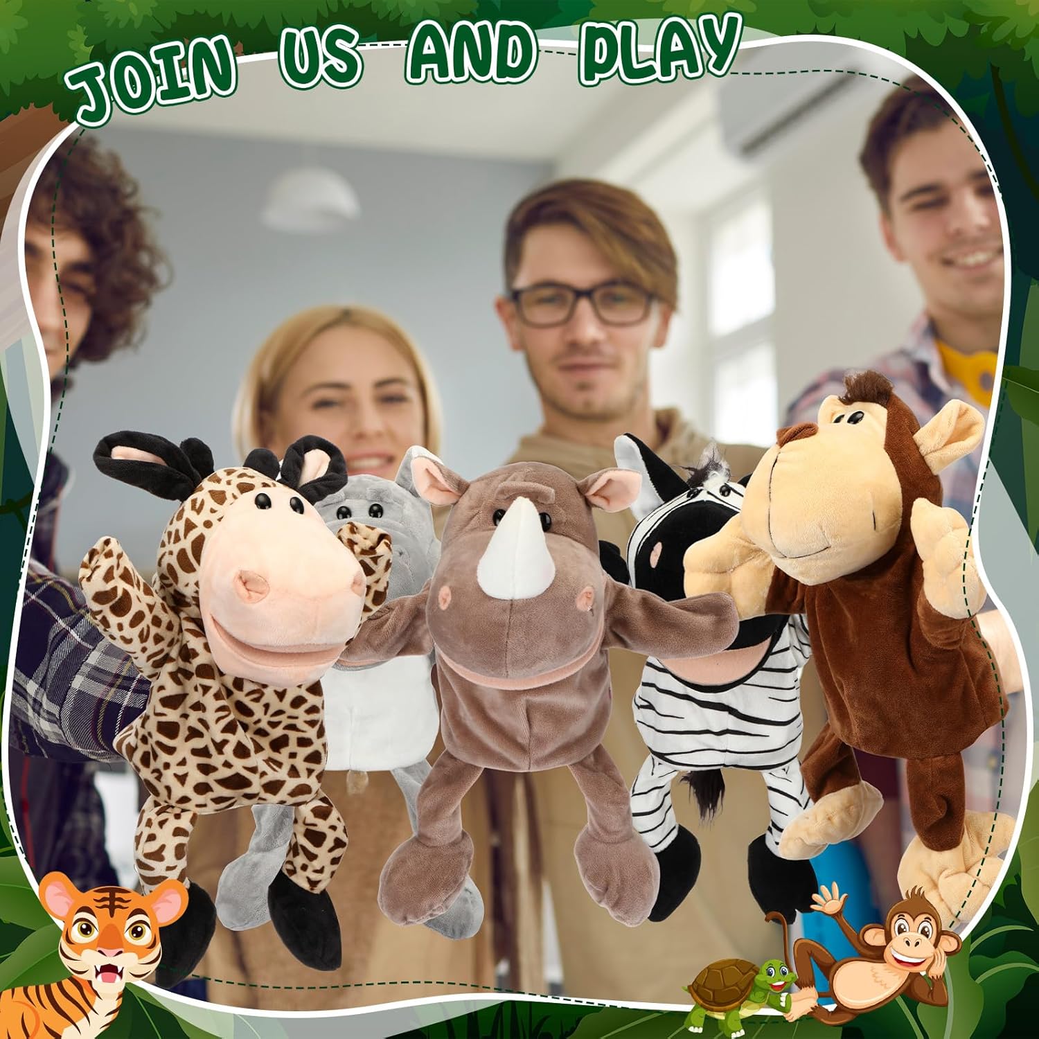 Juego de 10 títeres de mano de animales para niños, juguetes de selva de felpa suave con boca abierta y movible, amigo, safari, vida silvestre,