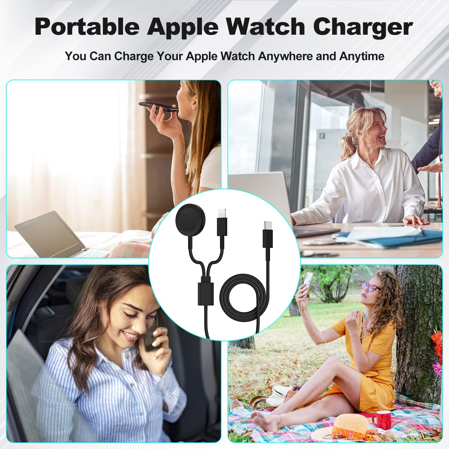 Cable de carga USB C mejorado para Apple Watch, certificado Apple MFi, cable de carga magnético para iWatch de 6 pies, cable de carga tipo C 2 en 1