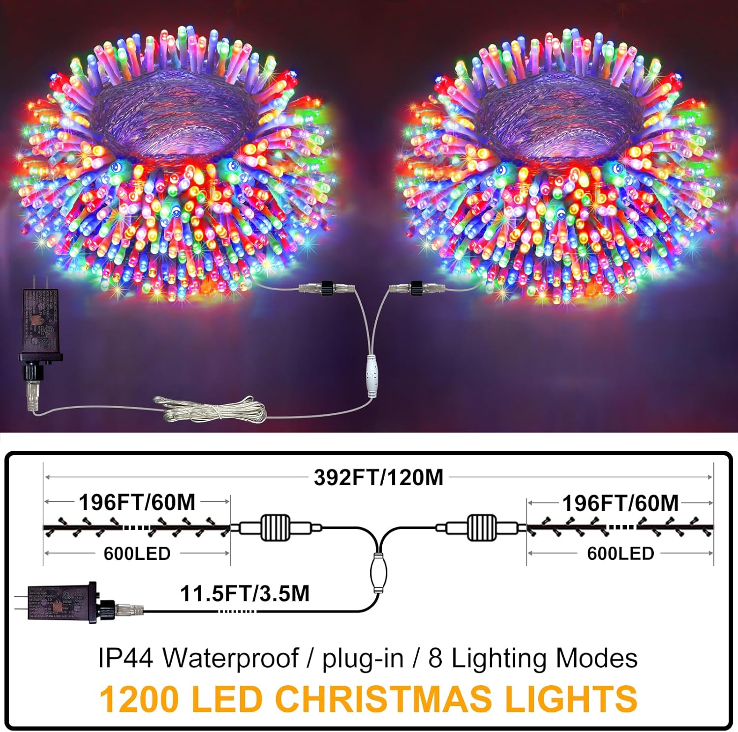 1200 luces LED de Navidad de 392 pies, decoración al aire libre, 8 modos y temporizador de memoria, luces de Navidad con enchufe remoto, guirnalda