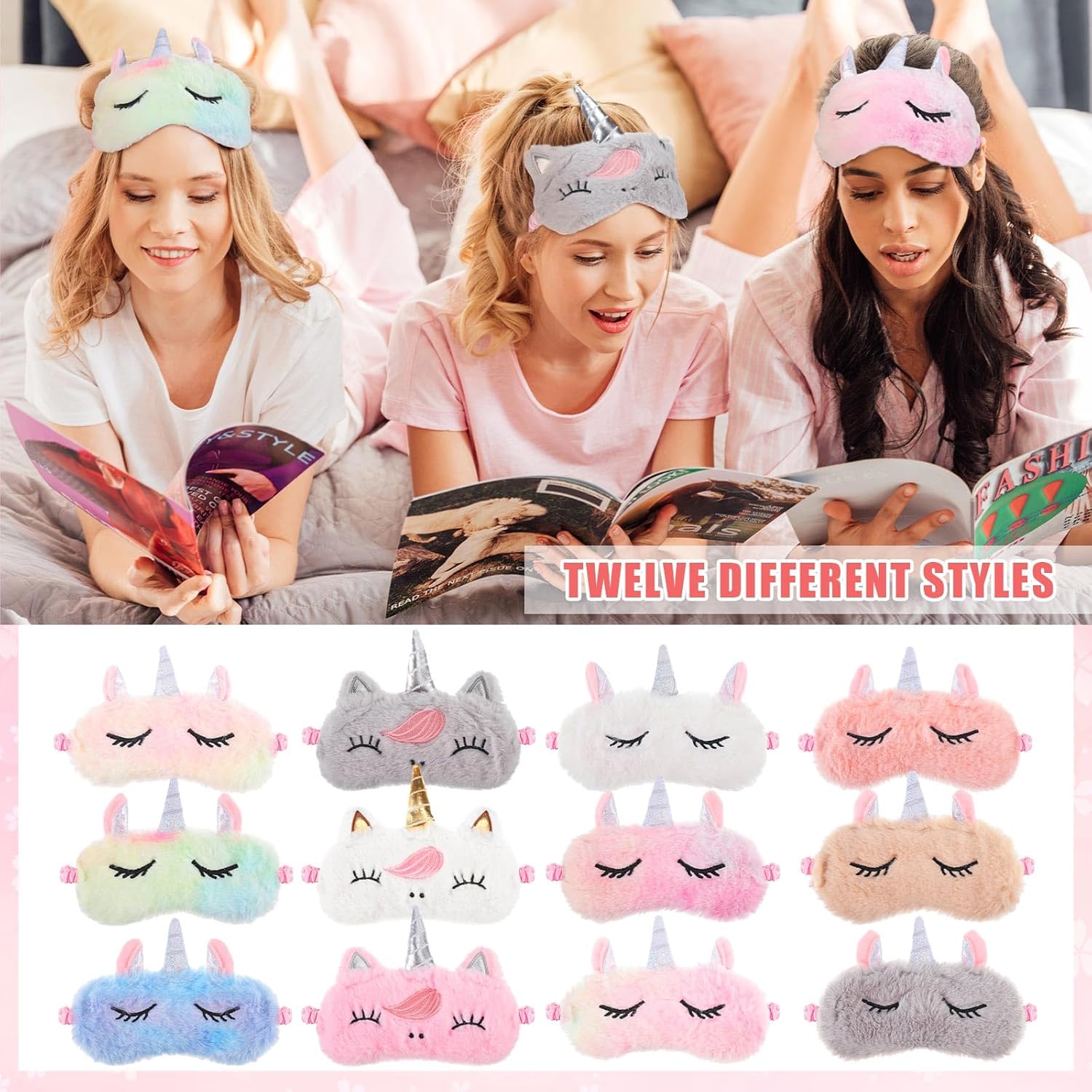 24 piezas de pijamas incluyen 12 máscaras de ojos de unicornio y 12 diademas para el pelo con pajarita para lavar la cara, máscara de dormir,