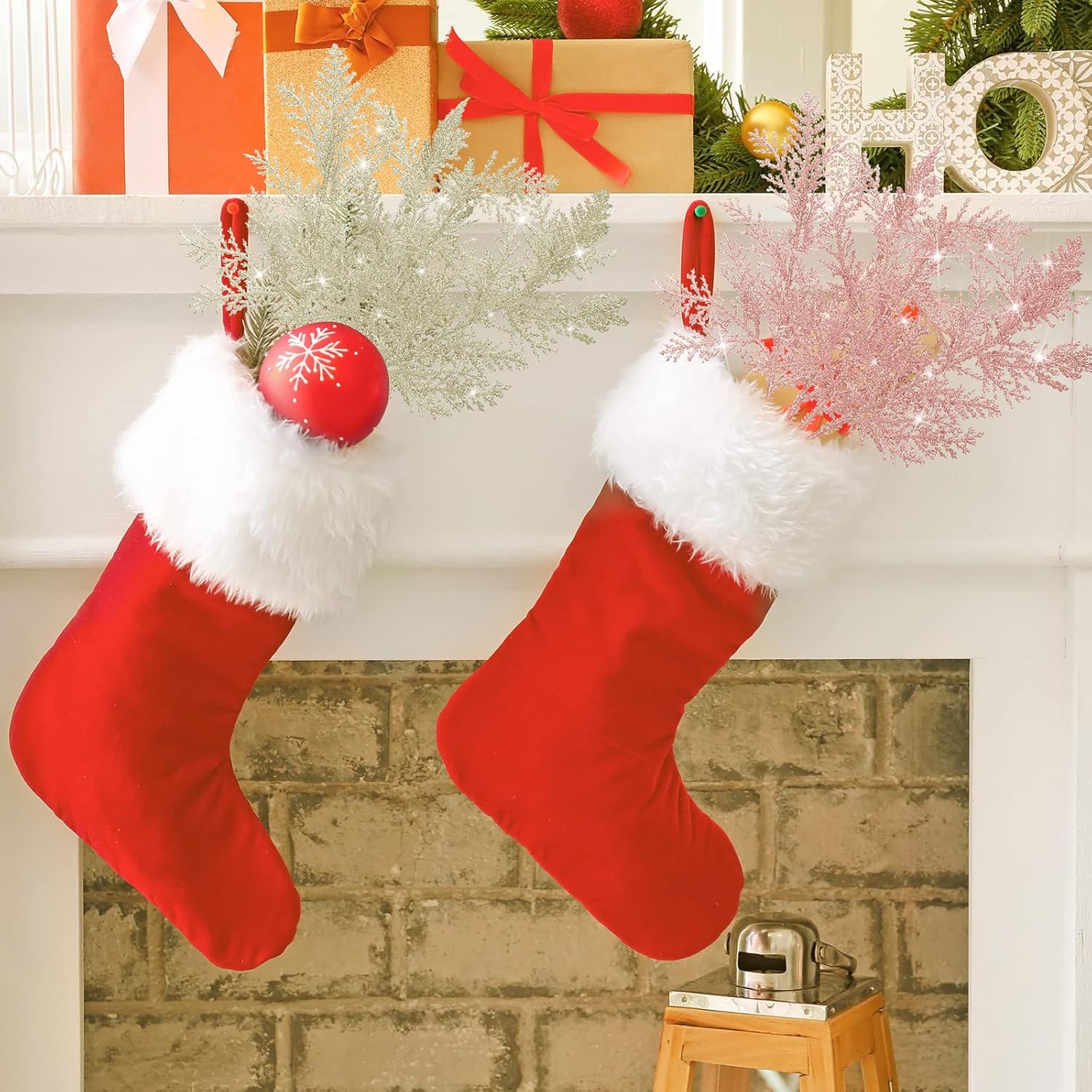 Waydress 72 agujas de pino artificiales de Navidad, ramas con purpurina, hojas pequeñas, ramas de pino de Navidad, flores falsas, para arreglos