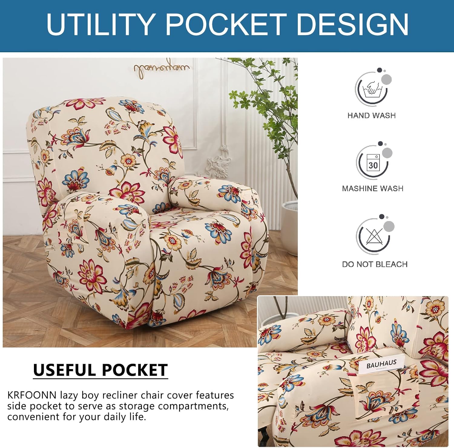 KRFOONN Lazyboy – Fundas elásticas para sofá reclinable de 4 piezas, fundas antideslizantes para sillas reclinables con bolsillos de almacenamiento,