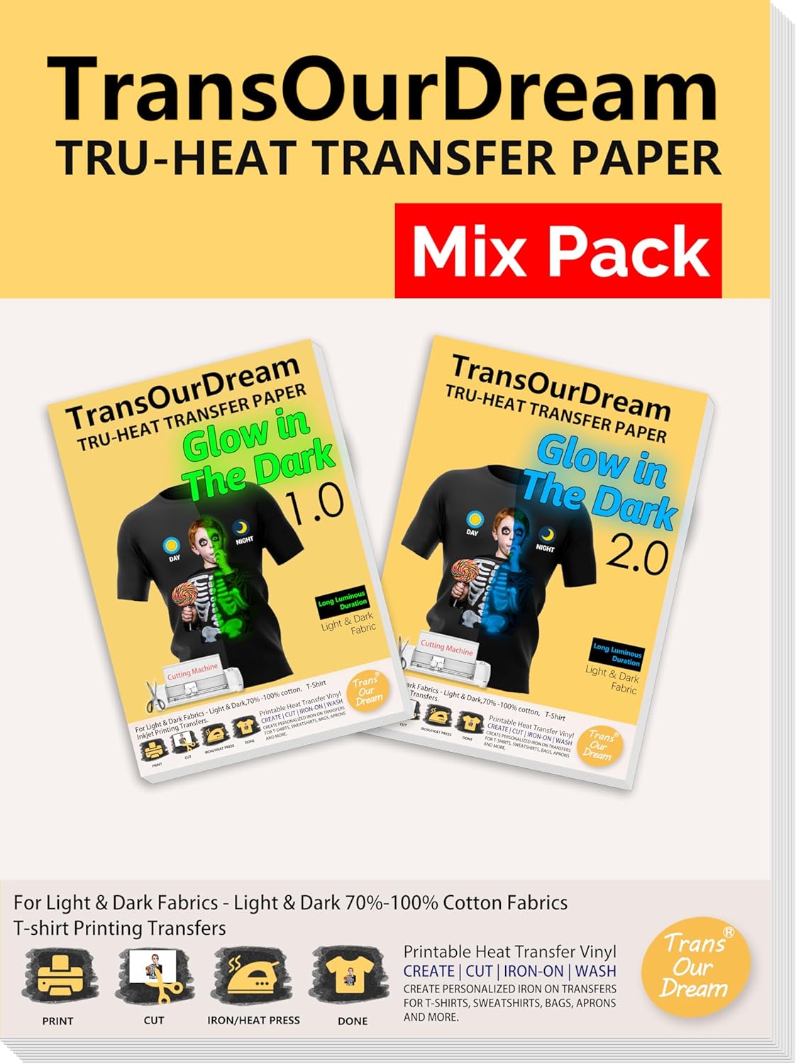 TransOurDream Papel de transferencia de calor luminoso para planchar para camisetas (10 hojas, paquete mixto de 8.5 x 11 pulgadas), vinilo HTV