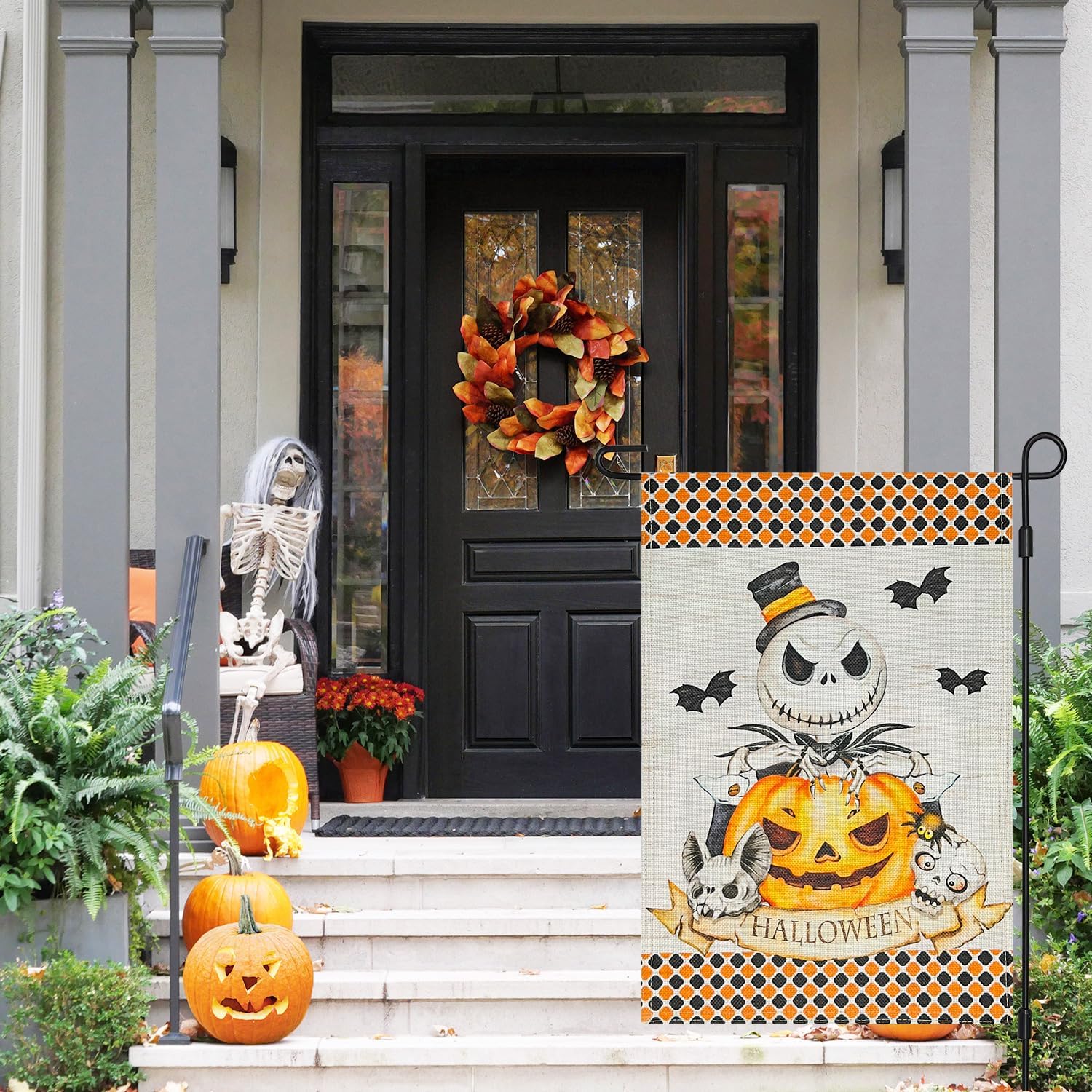 Bandera decorativa de arpillera de Halloween para jardín, 12 x 18 pulgadas, de doble cara de pesadilla antes de Navidad, calabaza, King, feliz