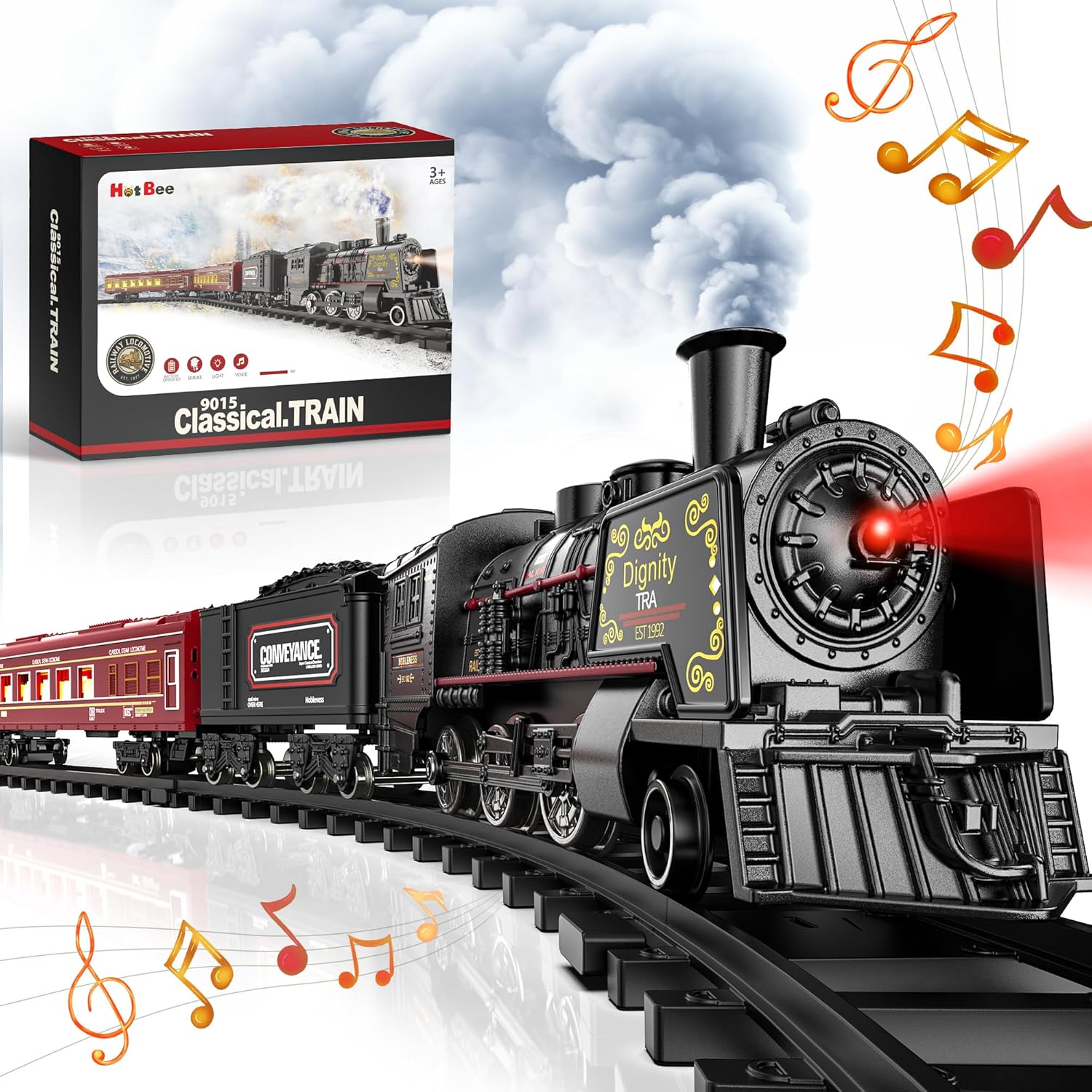 Hot Bee Juego de tren  Modelo de juguetes de tren con vagones de pasajeros brillantes, locomotora de vapor y pistas, trenes eléctricos de metal con