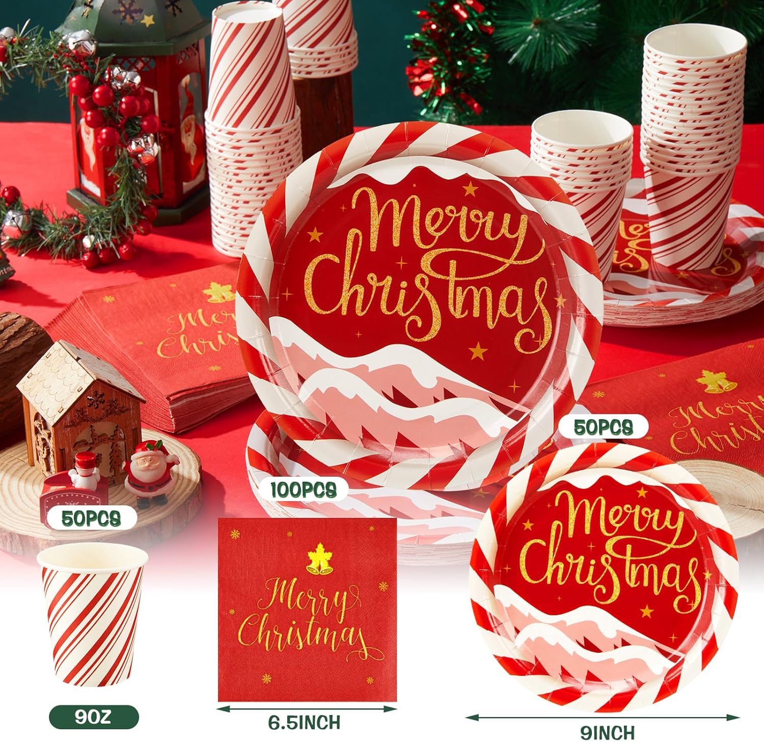 Juego de vajilla de 200 piezas para fiesta de Navidad, bastón de caramelo, a rayas, para 50 platos de papel desechables de 9 pulgadas, taza de 9