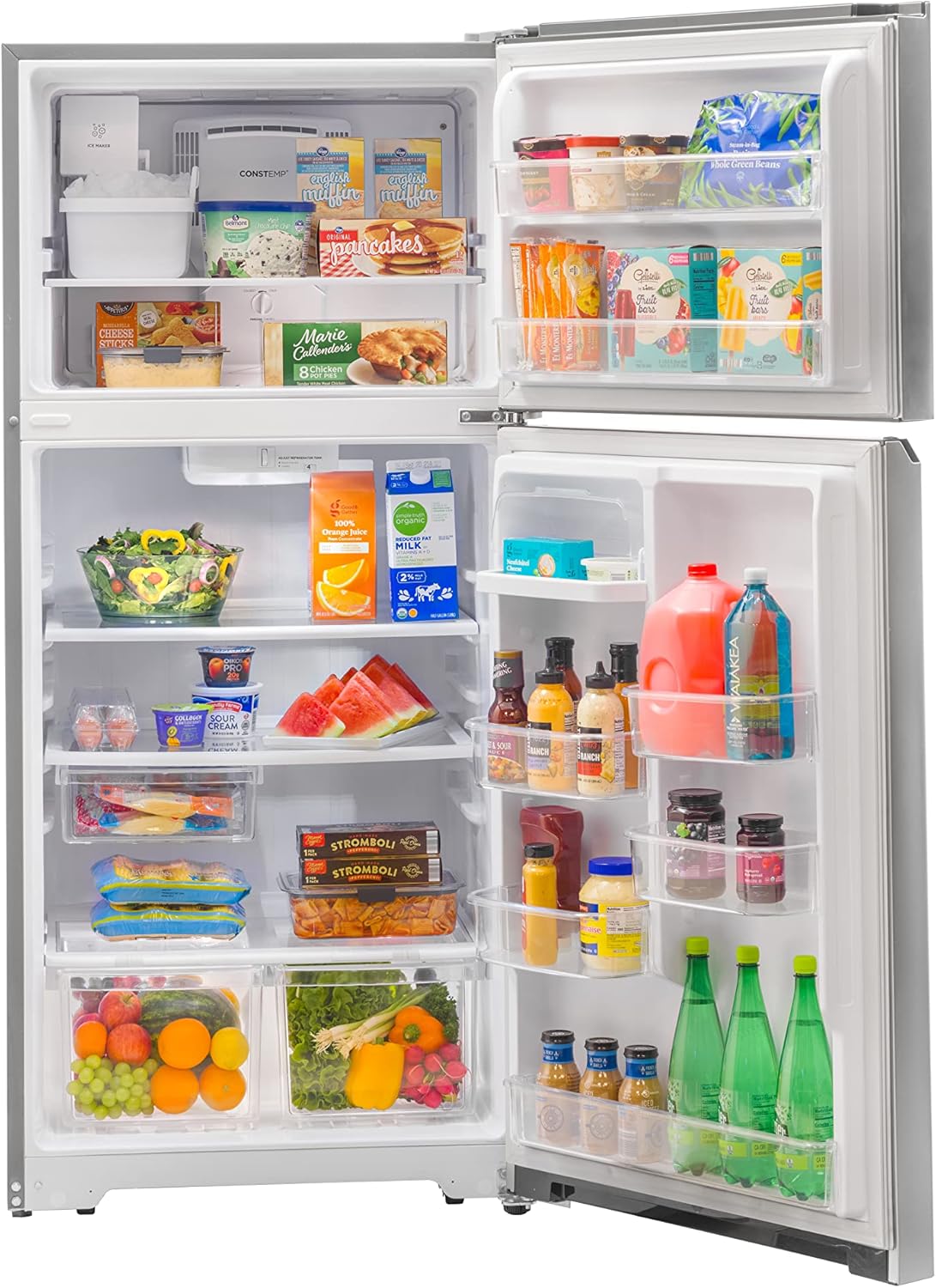 Winia Refrigerador congelador superior de 18 pies cúbicos con máquina de hielo – Acero inoxidable