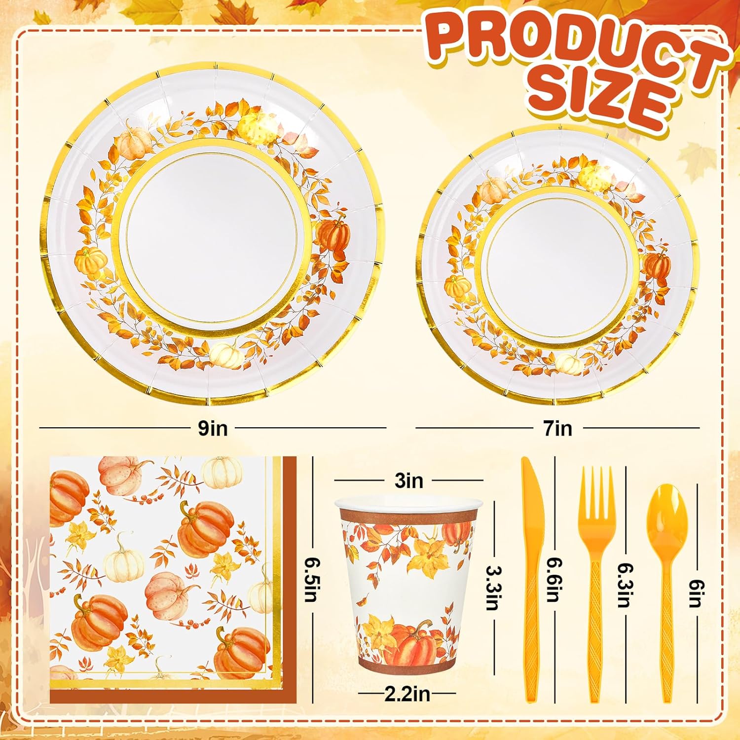 Whaline Juego de vajilla desechable de 175 piezas de otoño para 25 invitados, platos de papel, tazas, cuchillo, tenedor, cuchara y servilletas,