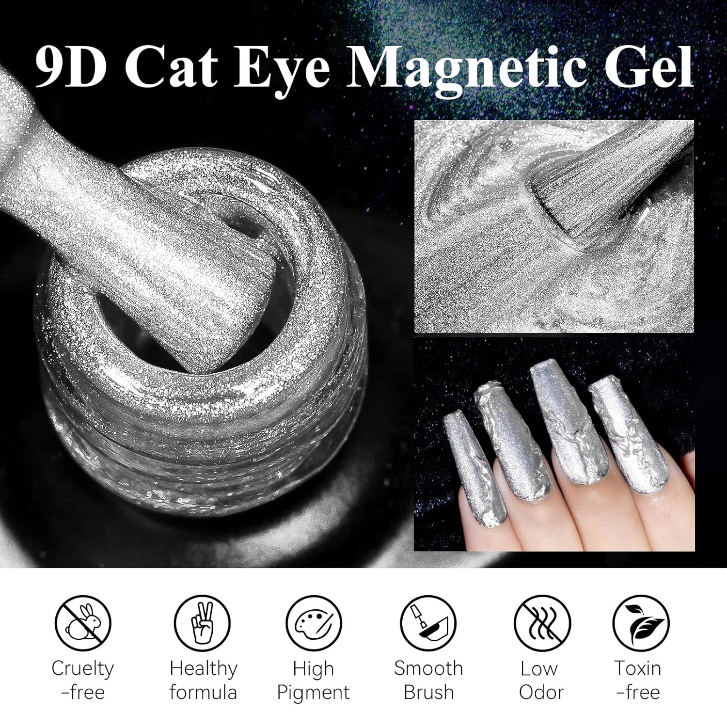 MIZHSE Esmalte de uñas de gel 9D de ojo de gato, esmalte de gel magnético plateado con barra magnética, efecto galaxia mágico, brillo holográfico,