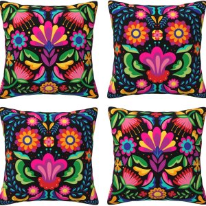 4 fundas de almohada del Día de los Muertos con patrón floral mexicano, fundas de almohada cuadradas Dia De Los Muertos, decoración de fiesta 4 fundas de almohada del Día de los Muertos con patrón floral mexicano, fundas de almohada cuadradas Dia De Los Muertos, decoración de fiesta
