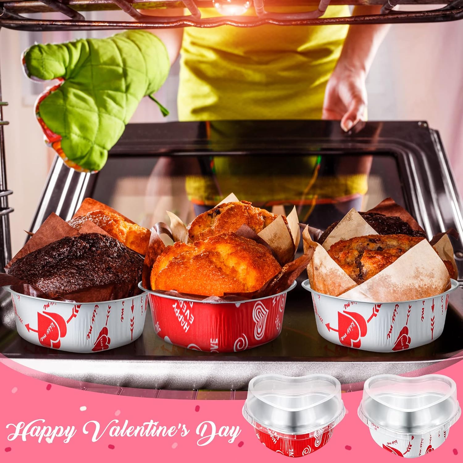50 juegos de moldes para tartas en forma de corazón de San Valentín con tapas, de papel de aluminio, moldes para cupcakes de 3.4 onzas, mini moldes