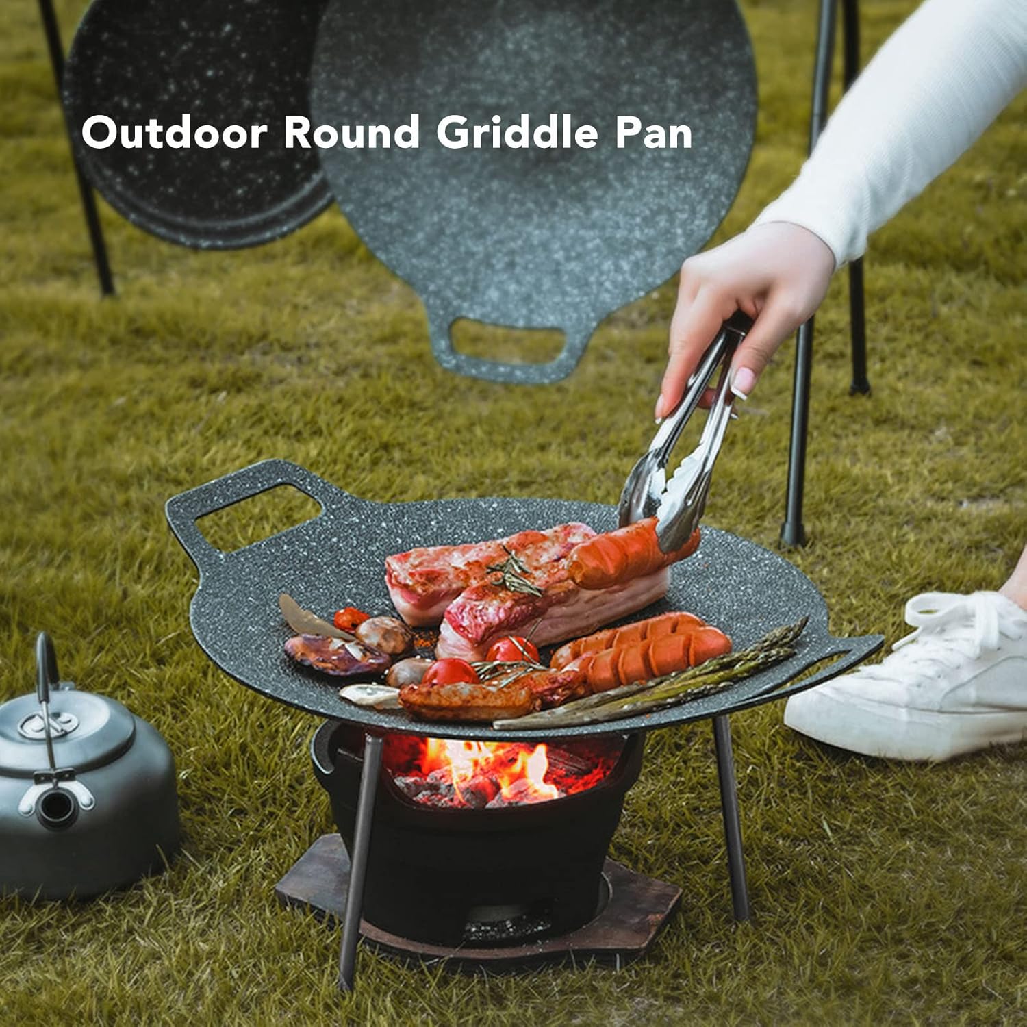 Sartén coreana, sartén redonda antiadherente para barbacoa con asas dobles, conductividad térmica rápida, soporte estable, adecuada para estufa de