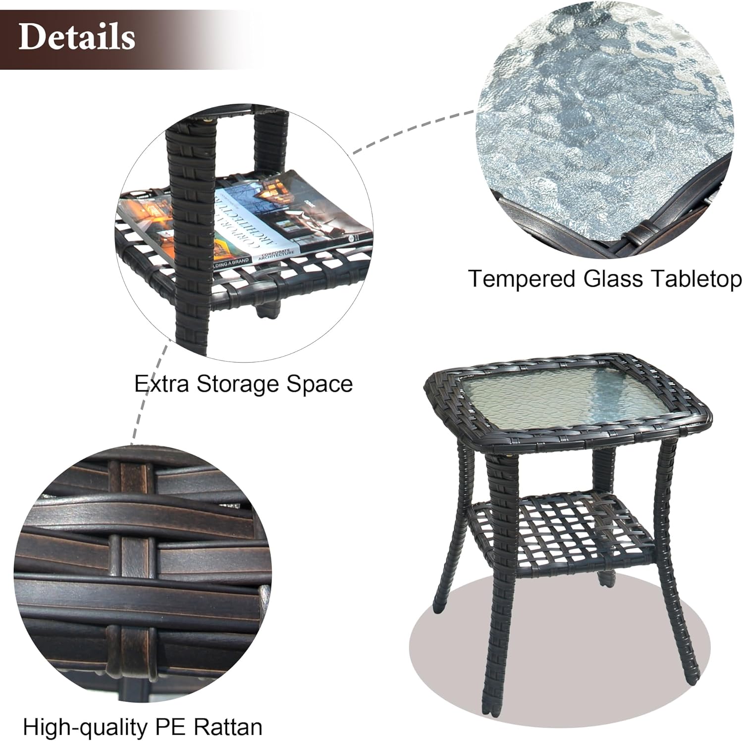 OVIOS Mesa de centro de mimbre de ratán para exteriores con parte superior de cristal, mesa auxiliar para exteriores, balcón, terraza, mimbre marrón