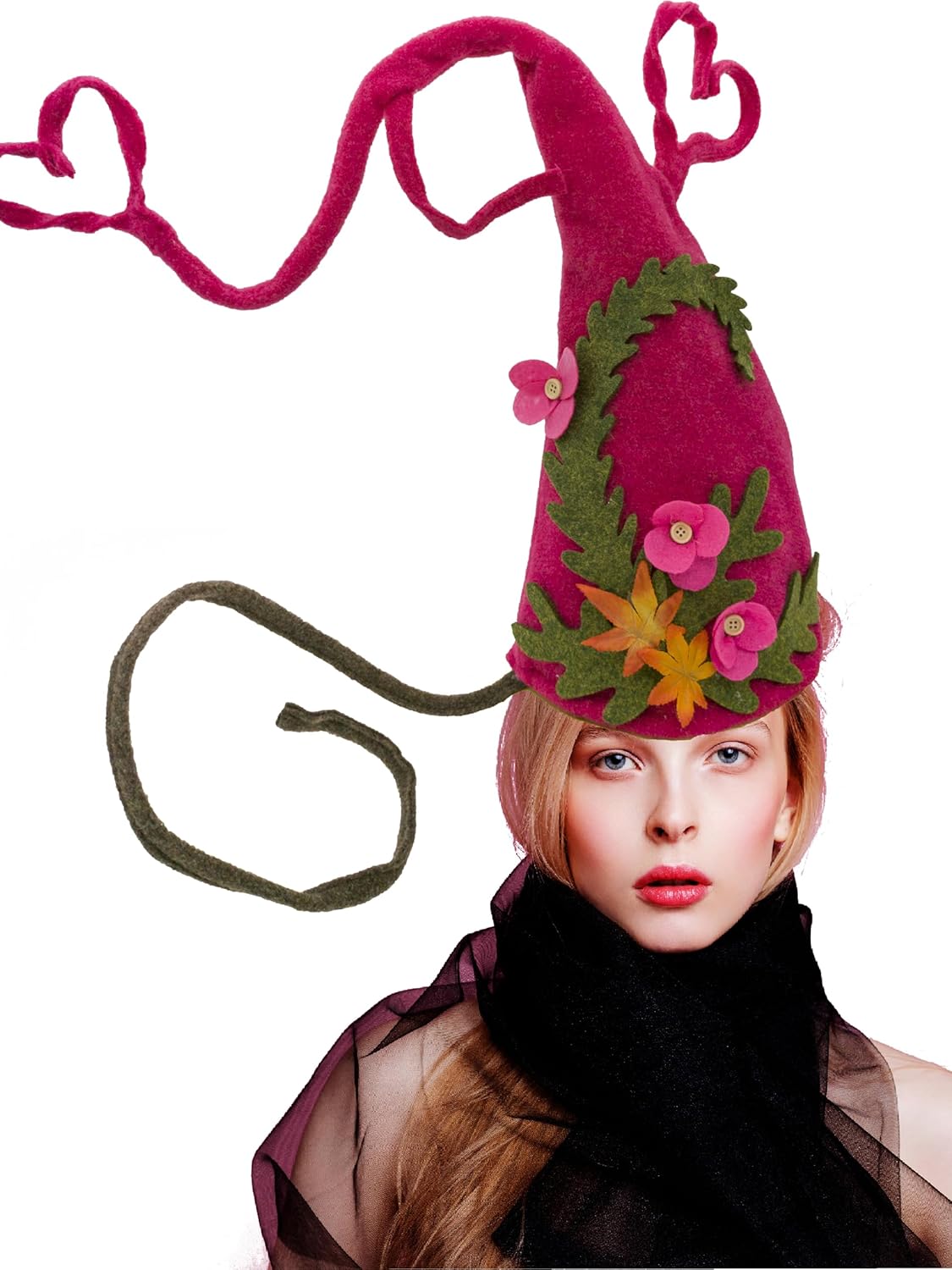 Sombreros de bruja de Halloween 2023 para mujer, hechos a mano, ajustable, de fieltro de flores, sombrero puntiagudo para Halloween Cosplay