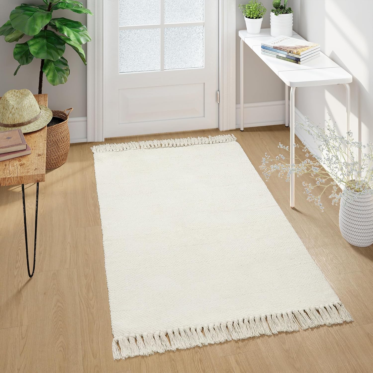 Collive – Tapete lavable de 3 x 5 pies, tapetes de cocina tejidos modernos, de algodón trenzado, color blancobeige, para puerta de interior,