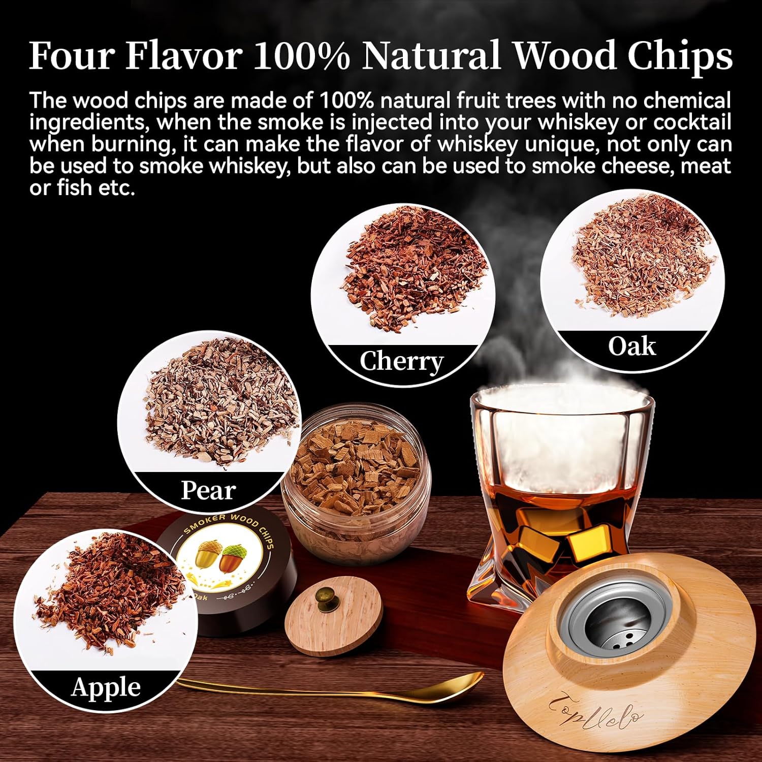 Kit de ahumador de cóctel con antorcha de triple llama, chips de madera de 4 sabores y 3 piedras de whisky para whisky y bourbon, kit de infusor de