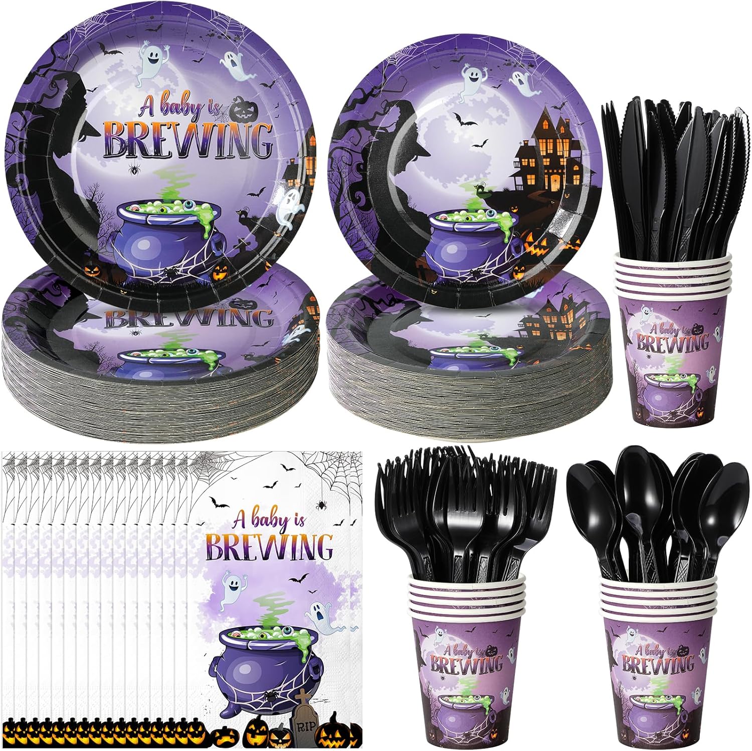 Decoración de suministros de fiesta de baby shower de Halloween, juego de platos y servilletas para baby shower, platos de papel desechables,