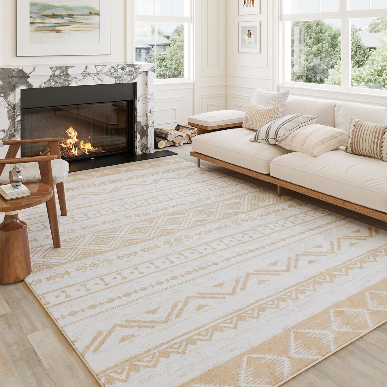 Alfombra de área de 5 x 7 pies, color beige, lavable, para dormitorio, sala de estar, moderna, marroquí, antideslizante, suave, para interiores,