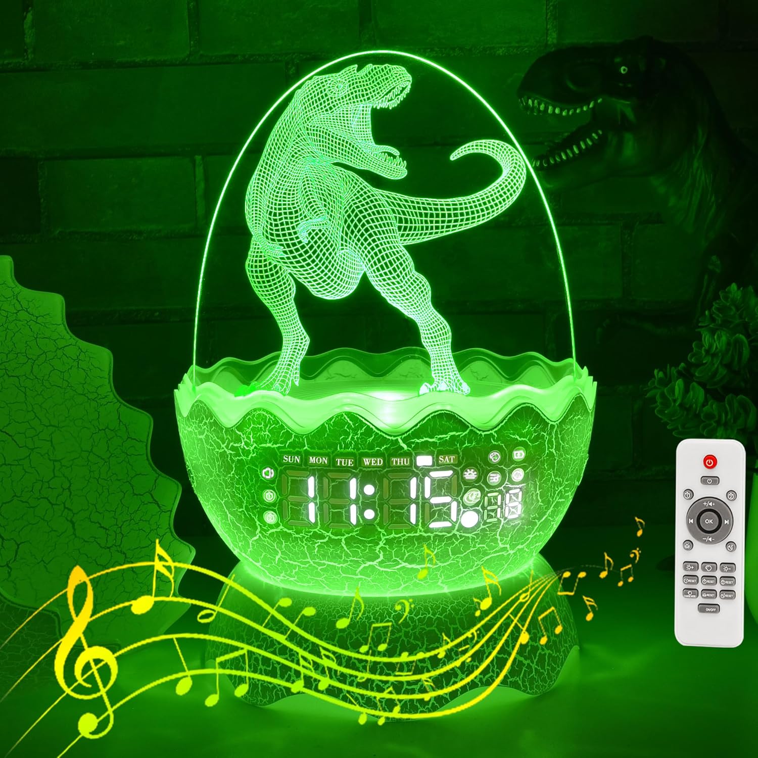Luces nocturnas musicales de dinosaurio, reloj despertador de huevo de dinosaurio para niños, altavoz Bluetooth y ruido blanco Mahine para bebé,