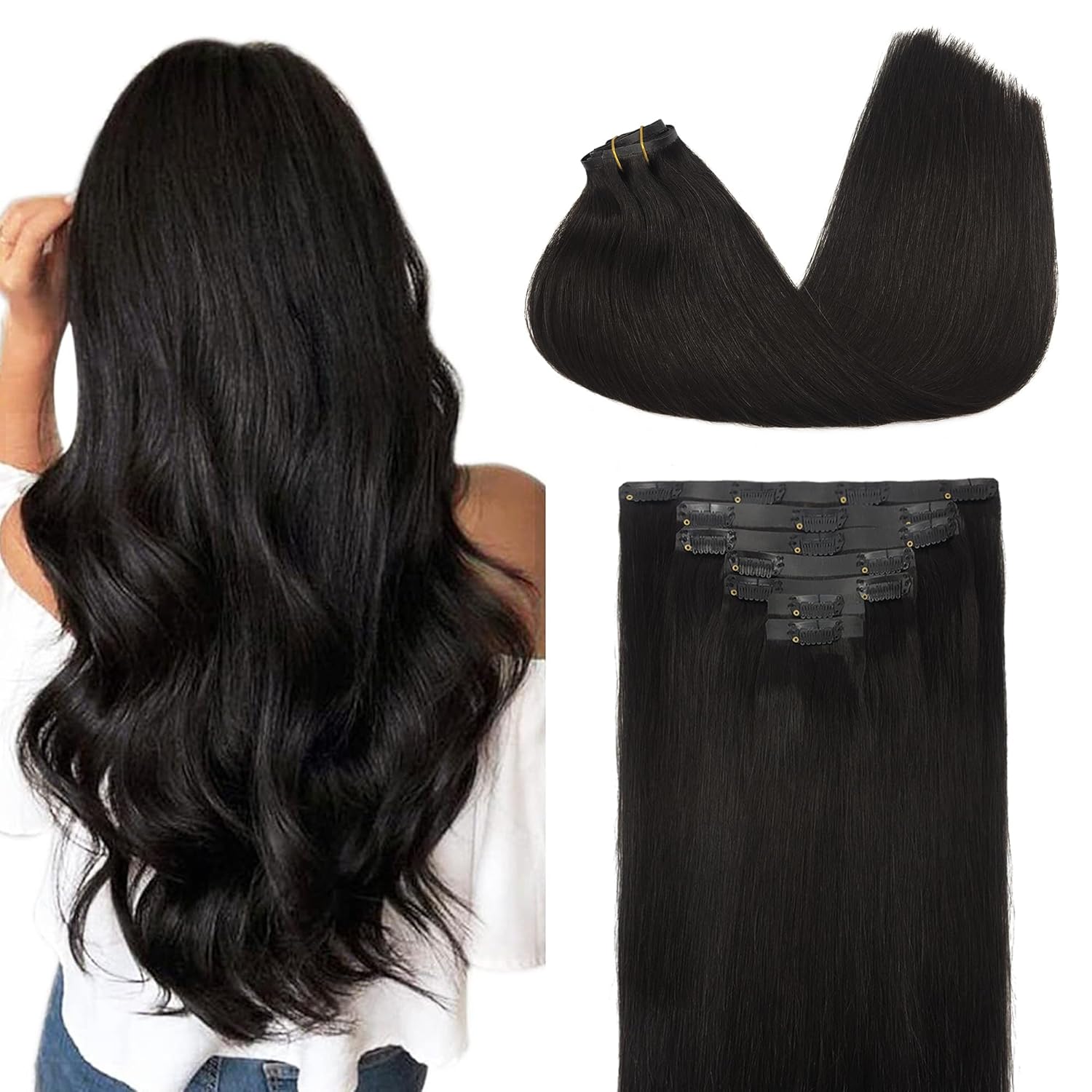 Goo Goo – Extensiones de cabello con clip de poliuretano de trama sin costuras, cabello humano de color degradado, lacio, Remy, con efecto balayage,