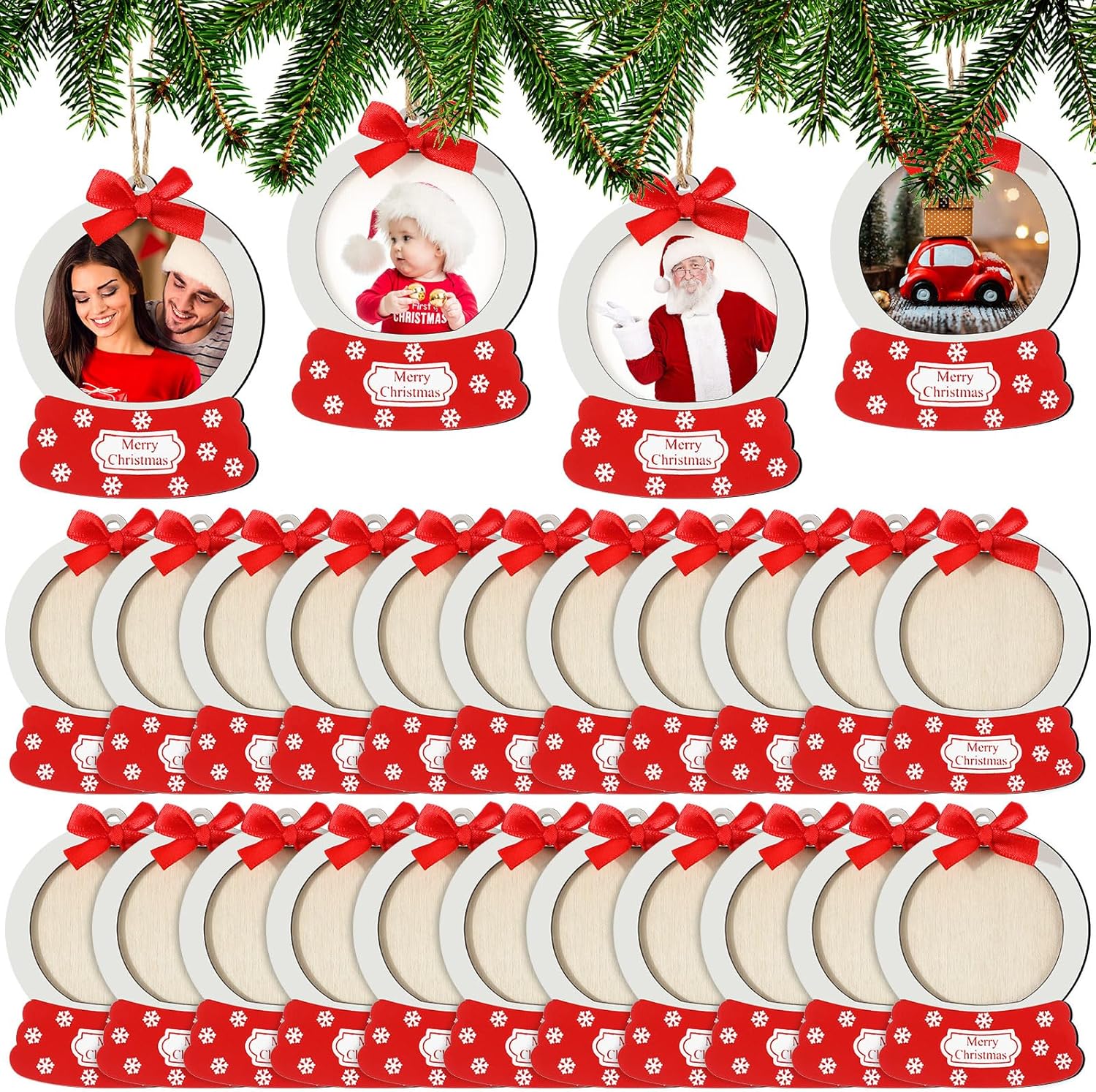 Blulu 24 piezas de adornos de bola de nieve de Navidad a granel, marco de fotos de Navidad, adornos colgantes de Navidad para árbol de Navidad,