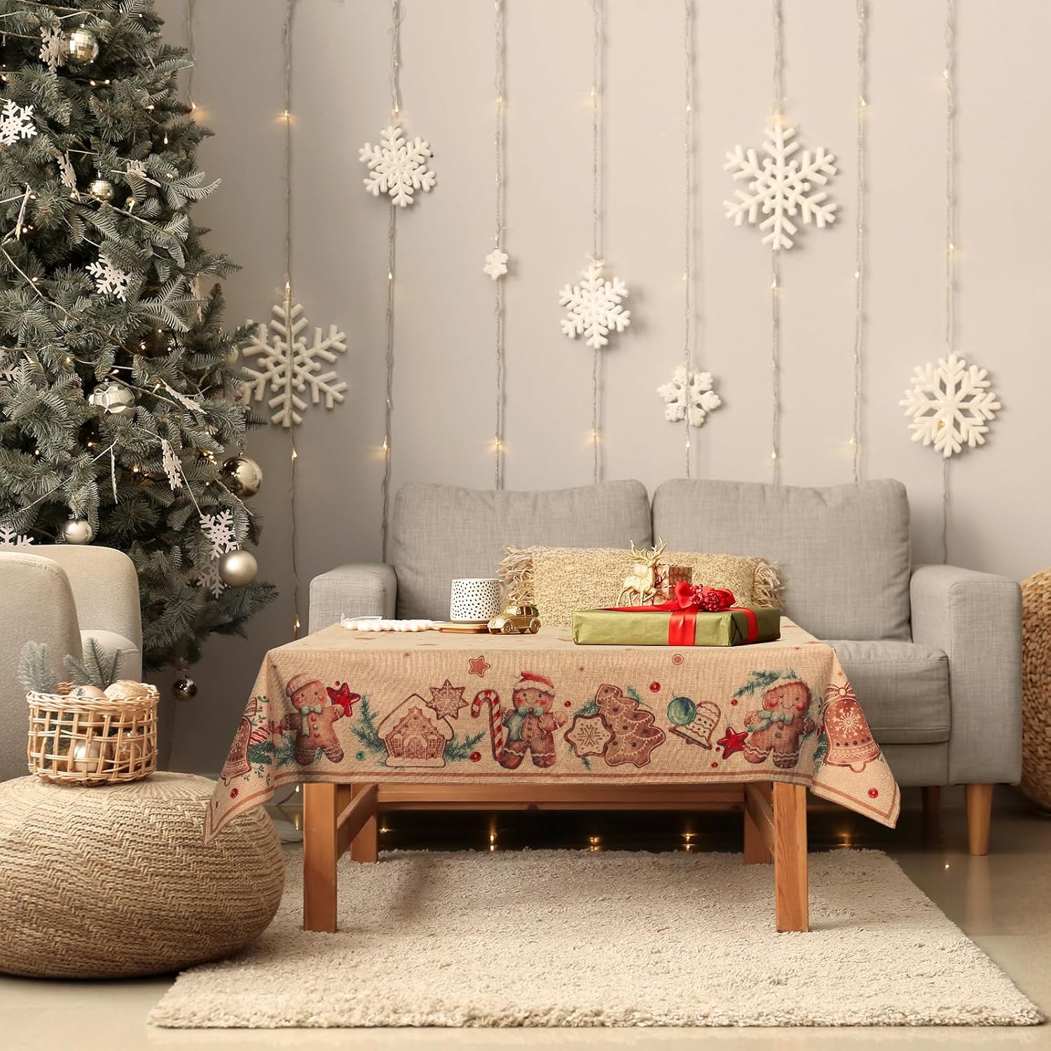 Ganeen Mantel de arpillera de Navidad natural rústico de 52 x 70 pulgadas, mantel rectangular de arpillera marrón de yute para fiesta de invierno,