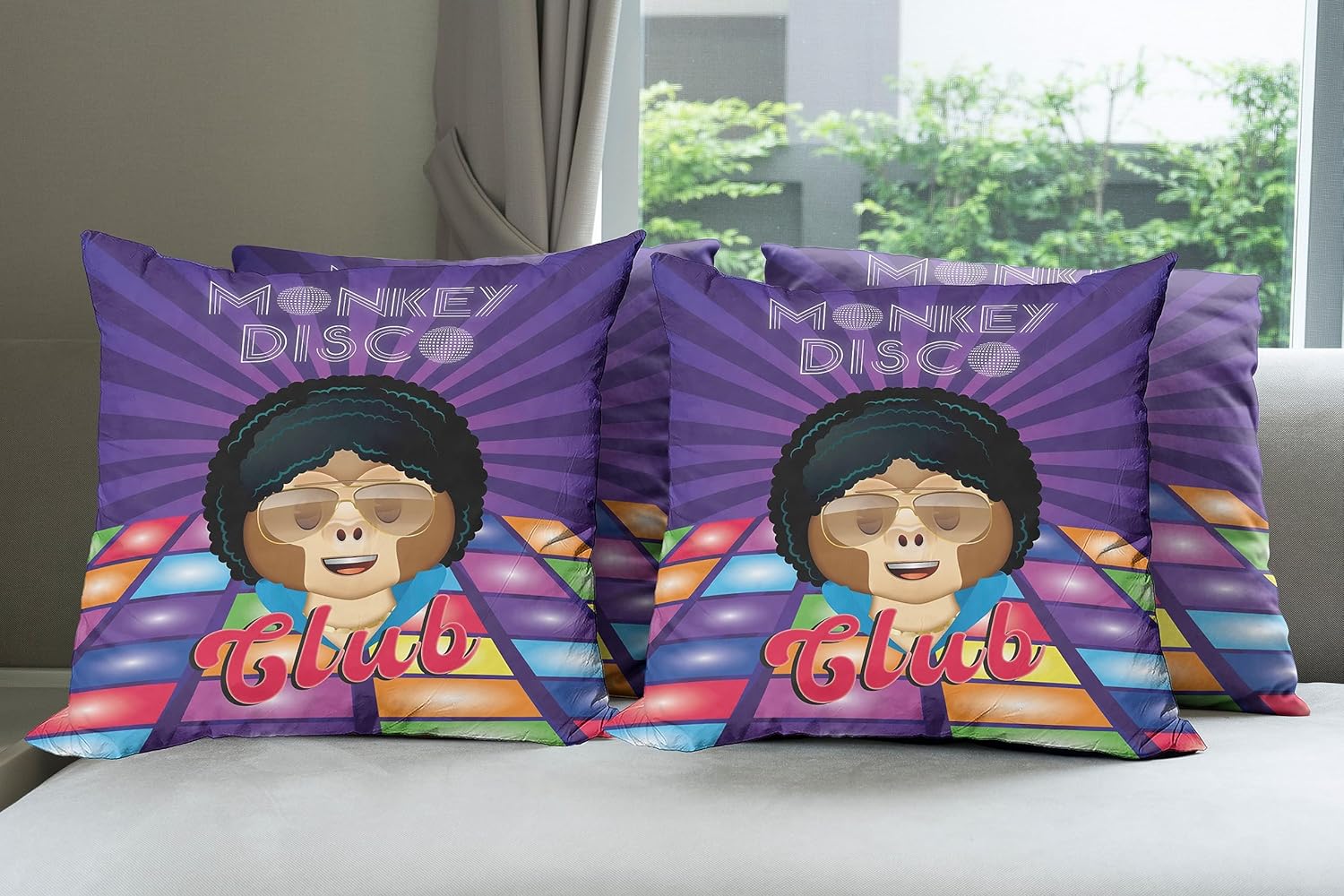Ambesonne Emoji – Juego de 4 fundas de almohada decorativas, diseño de mono disco retro, divertido personaje de simio con pelo afro loco, funda de