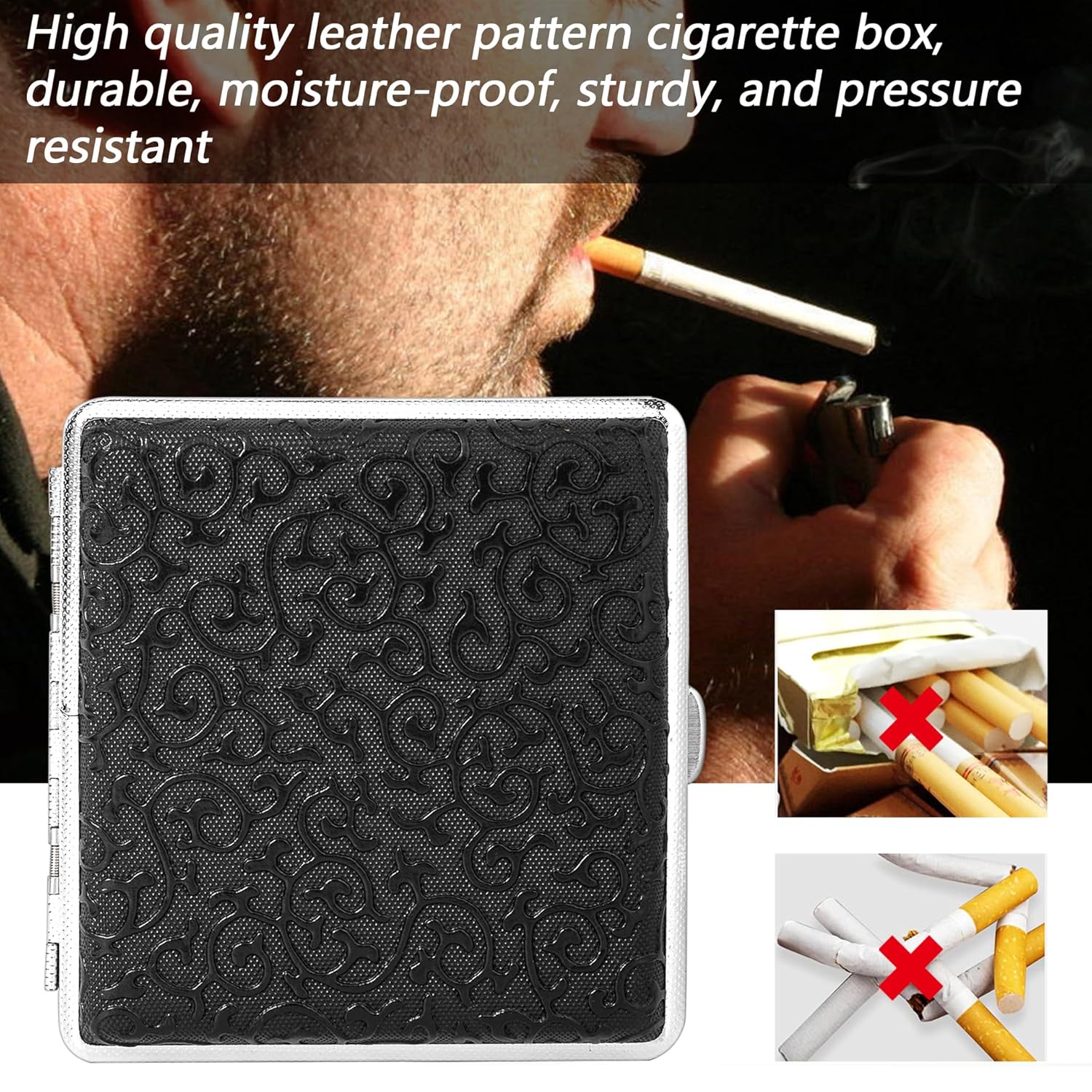 Un estuche de cigarrillos de metal moderno y ultrafino con un clip de resorte de doble cara y un patrón de hierba de espiga retro (20, tangcao negro)