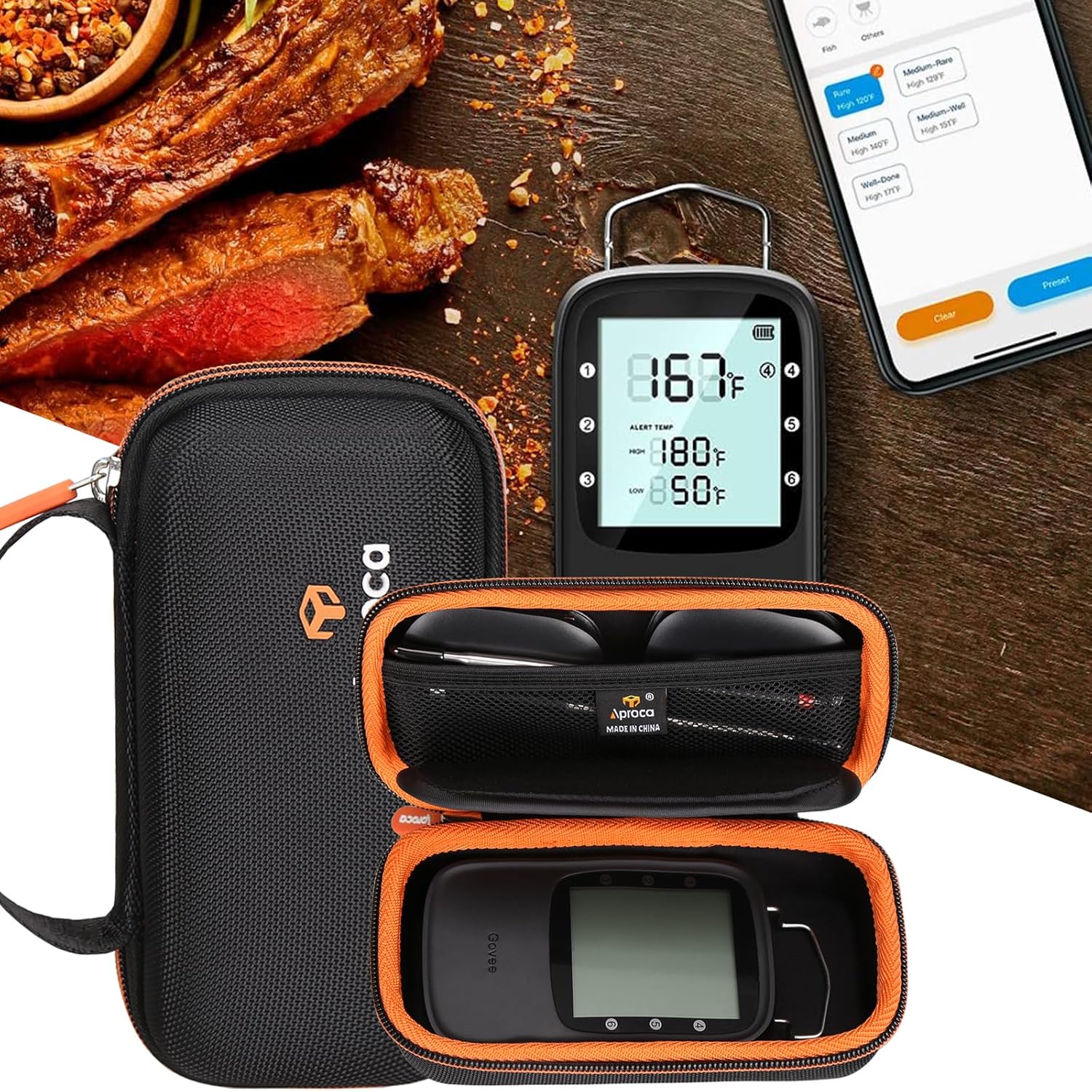 Aproca Estuche rígido de almacenamiento de viaje, para termómetro de carne Bluetooth Govee y accesorios