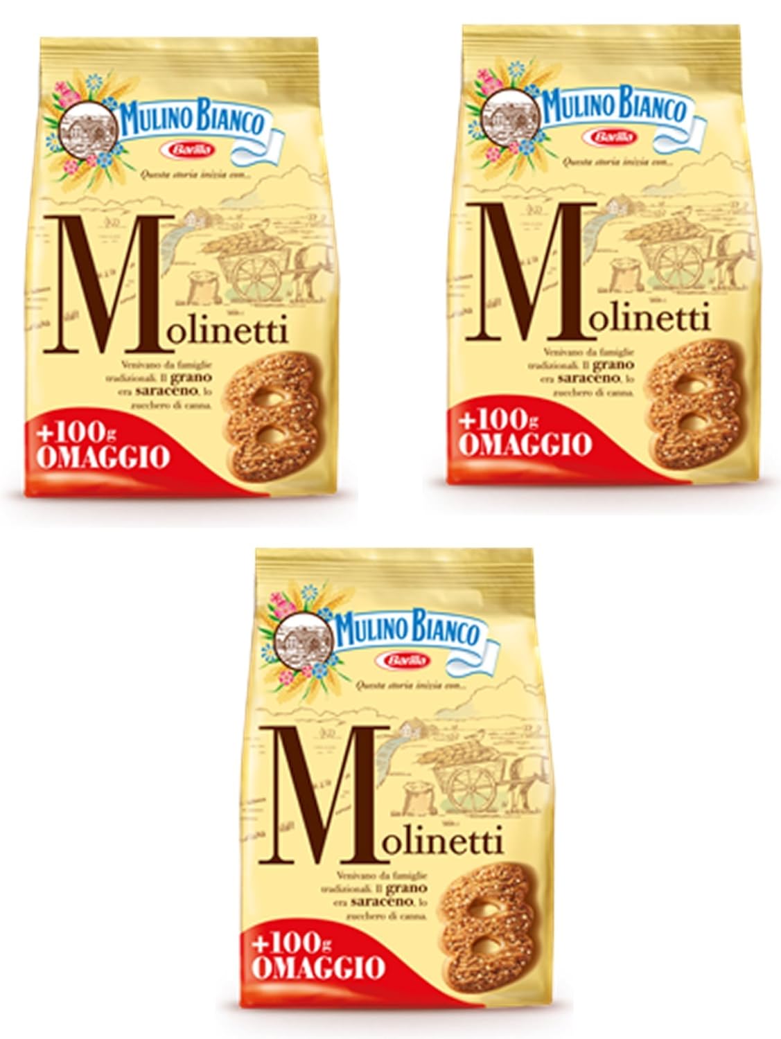 Mulino Bianco Galletas de mantequilla “Molinetti” con harina de trigo sarraceno y azúcar morena – 28.21 oz (800 g) Paquete de 3 Importación italiana