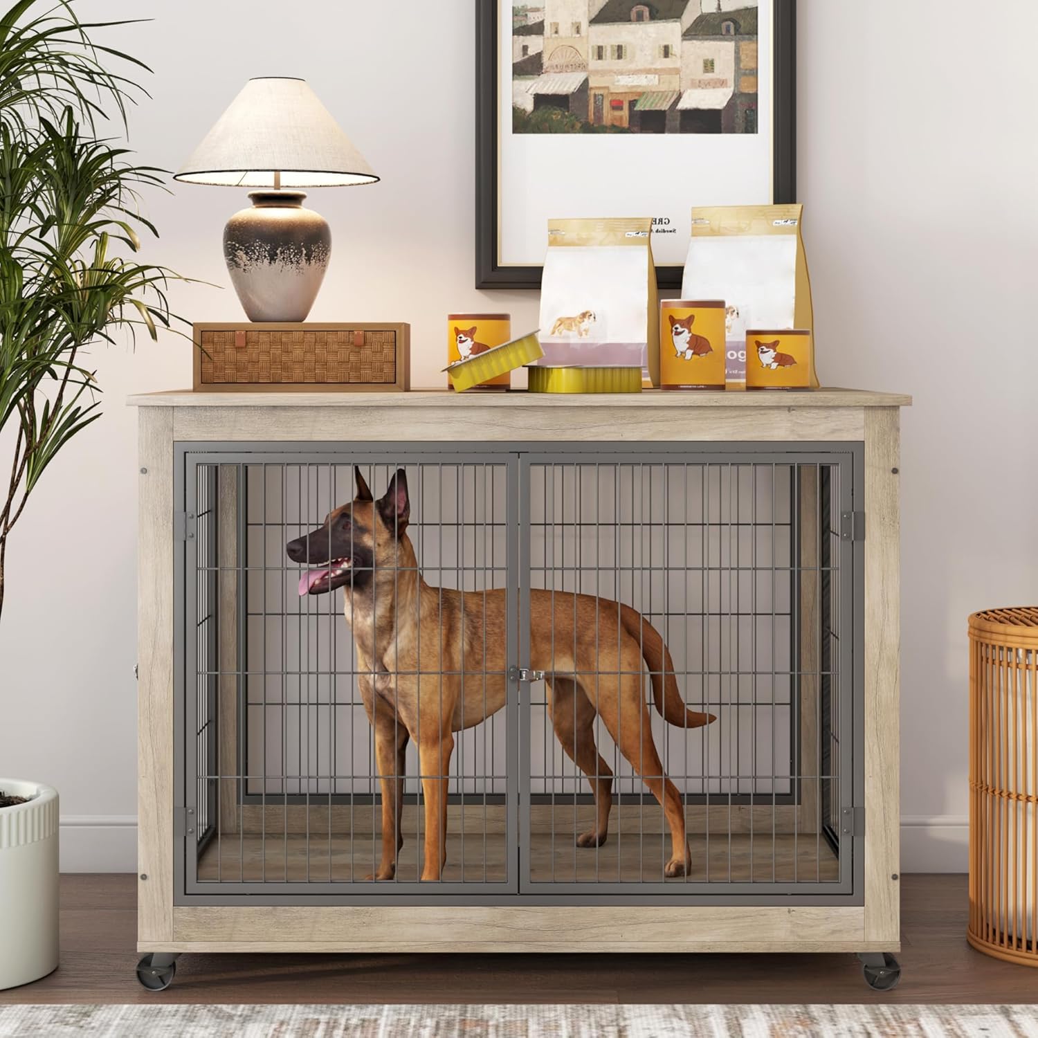 Dossmbola Muebles de jaula para perros, mesa auxiliar de jaula para perros de 43.7 pulgadas, perrera con 3 puertas, apertura superior abatible y
