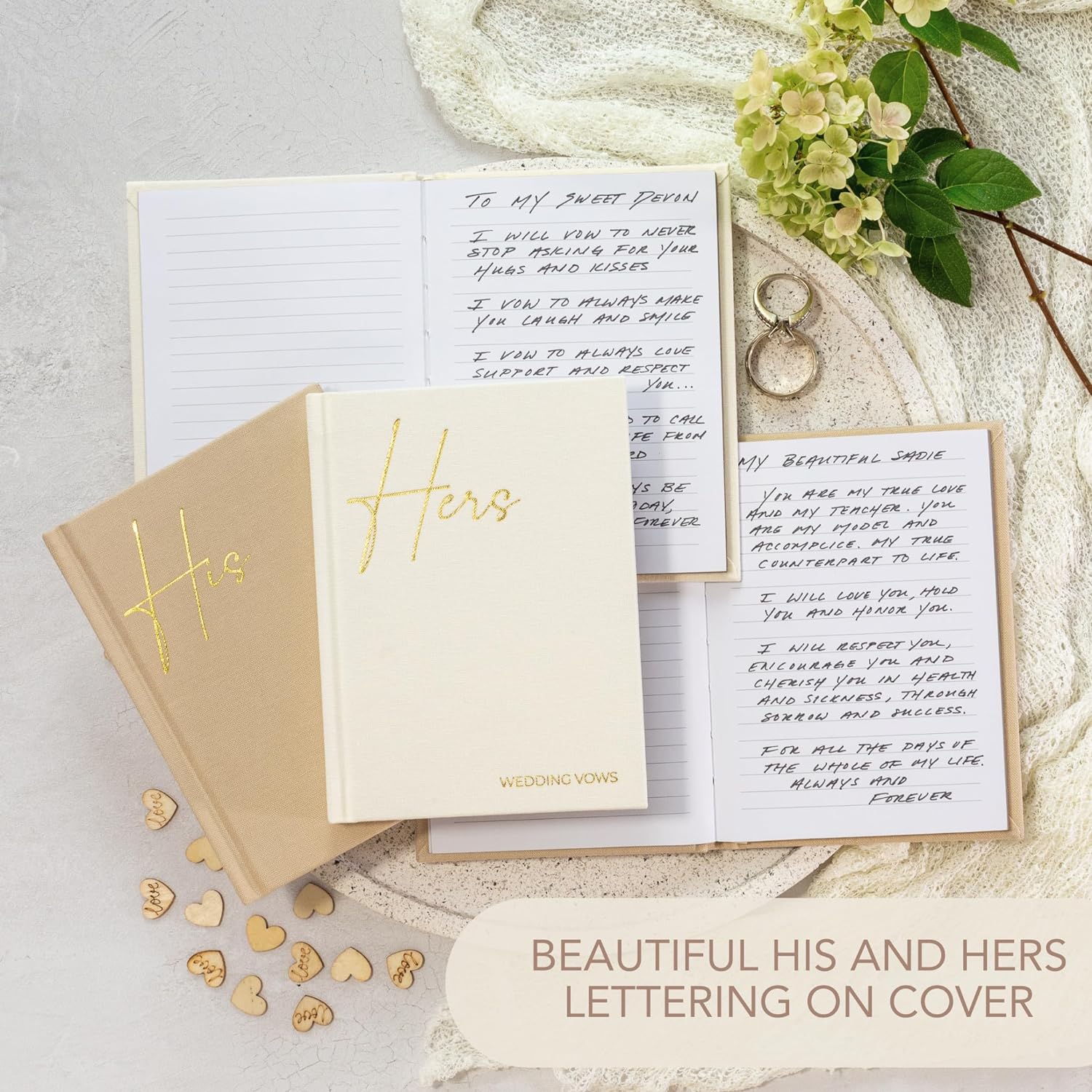 Elegantes libros de votos de boda de lino con letras de lámina dorada, libros de juramentos de tamaño perfecto para él y para ella con muchas